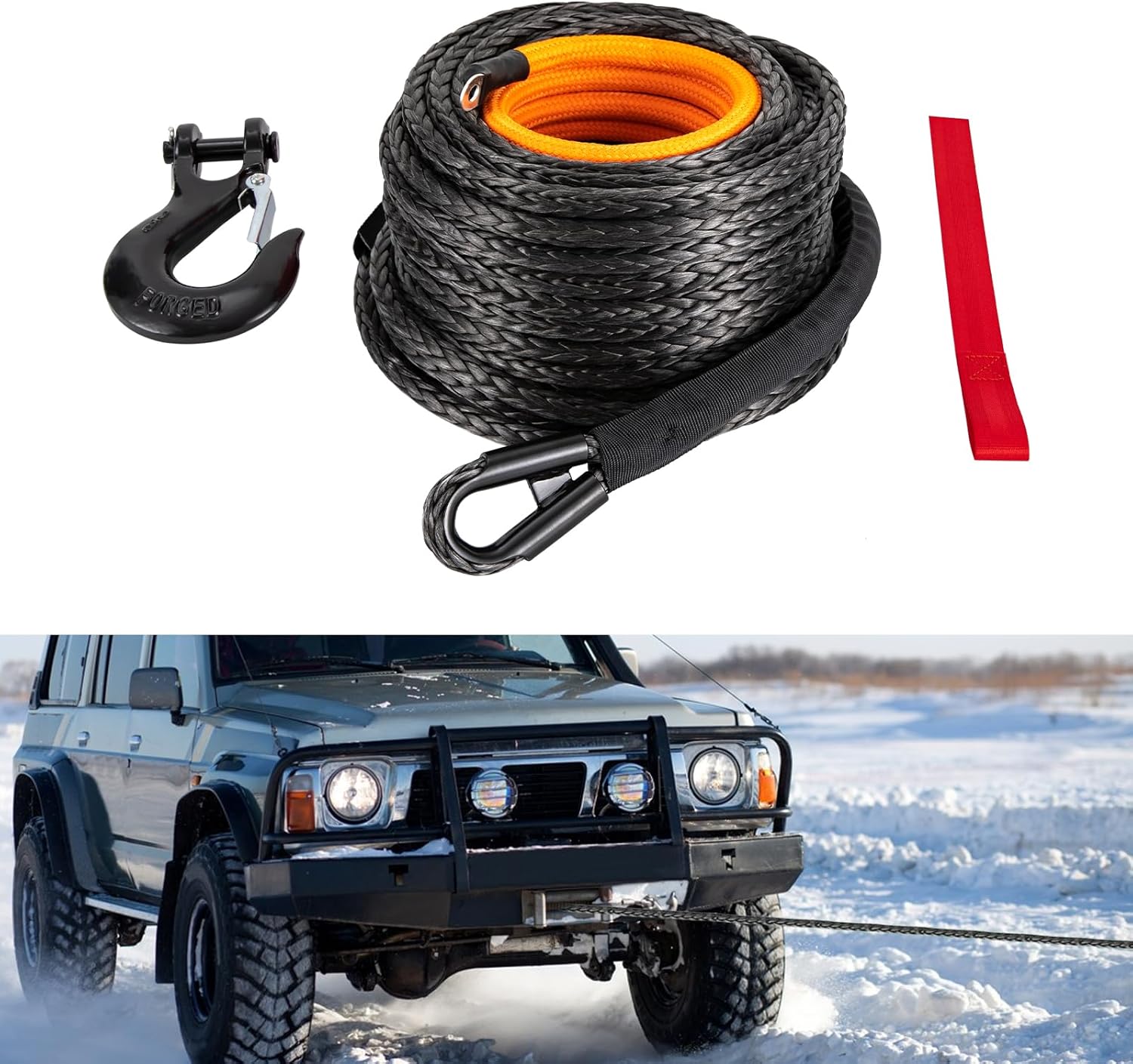 1/2" x92' 31500Lbs Winch Synthetic Rope,Synthetic Winch Rope with Hook,Synthetic Winch Rope,Winch Cable Replacement for Car Tow Recovery,4wd Off Road Vehicle Truck SUV