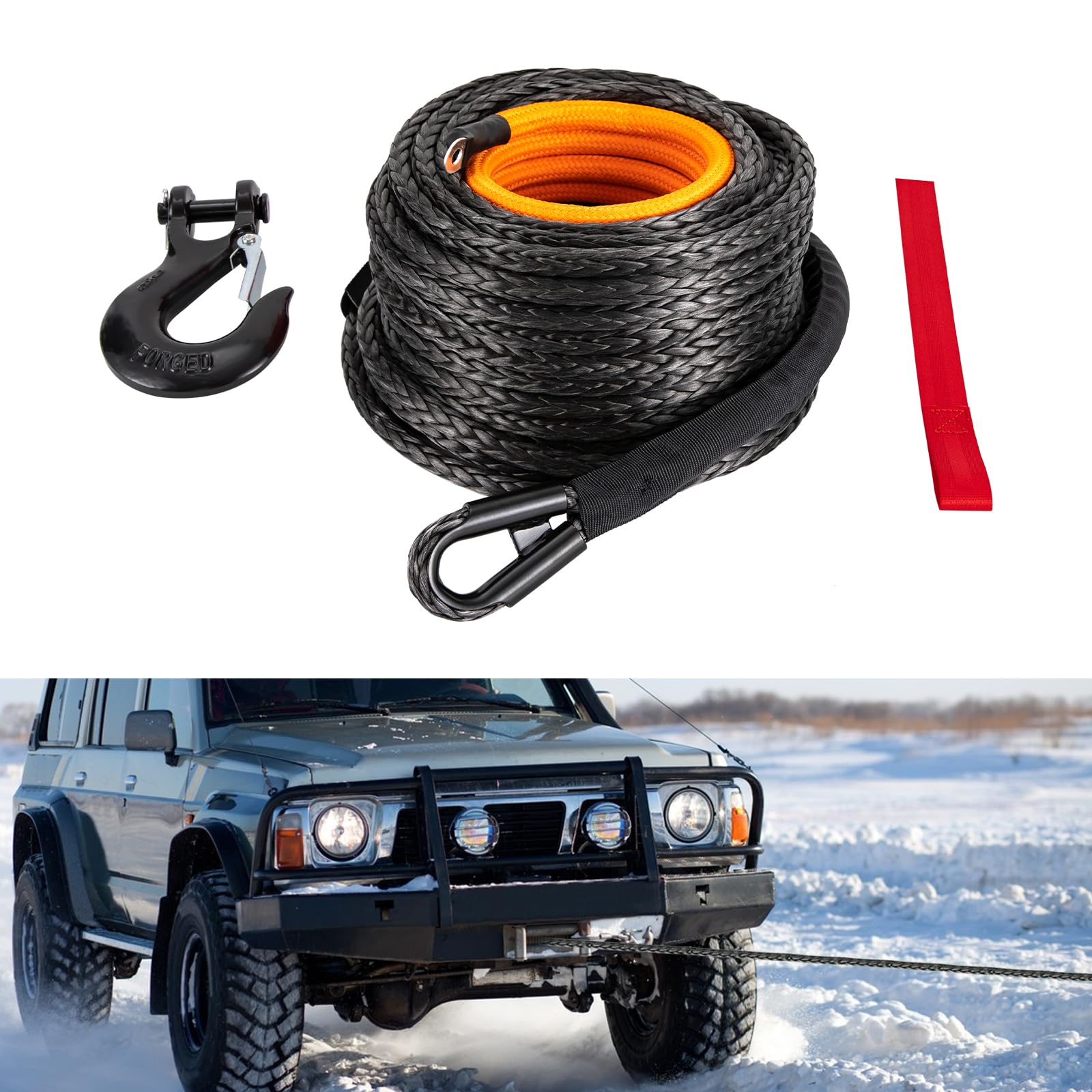 1/2x92ft Synthetic Winch Rope w/Hook, 31,500 LBS Synthetic Winch Line, Car Tow ATV Recovery Cable Tow with 1 Safety Pull Strap and 23.62