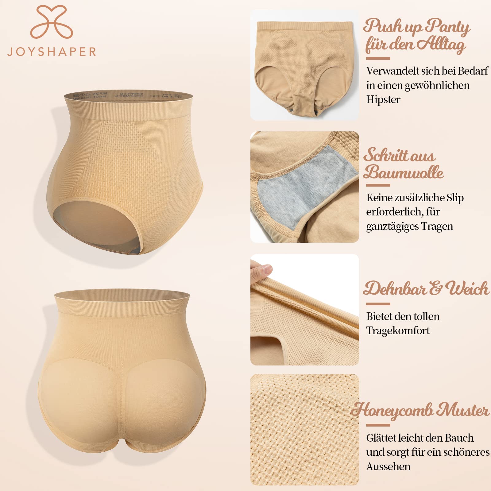 Joyshaper Damskie majtki push-up, majtki modelujące figurę, majtki biodrowe, bielizna modelująca, czarno-beżowe, S-XL