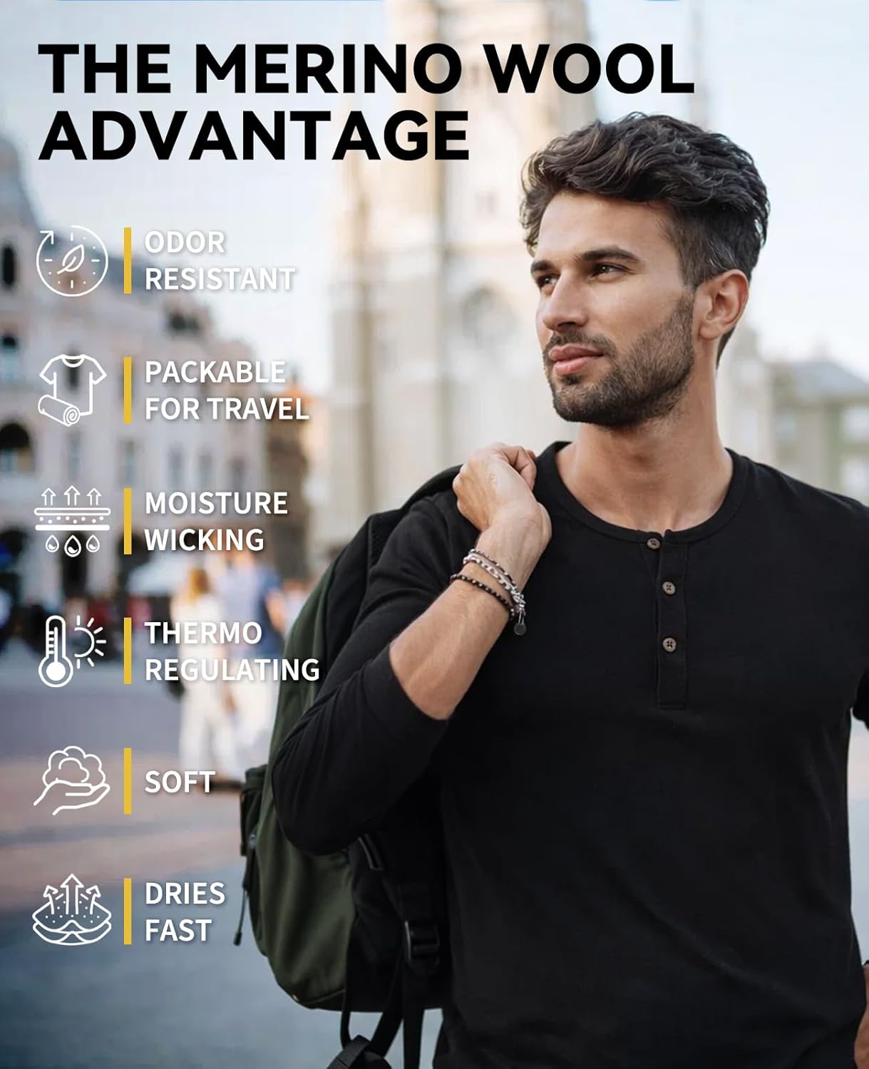 Merino Protect 100% Merino Wool Henley Men Casual Base Layer Long Sleeve Shirts Soft Thermal Underwear for Travel