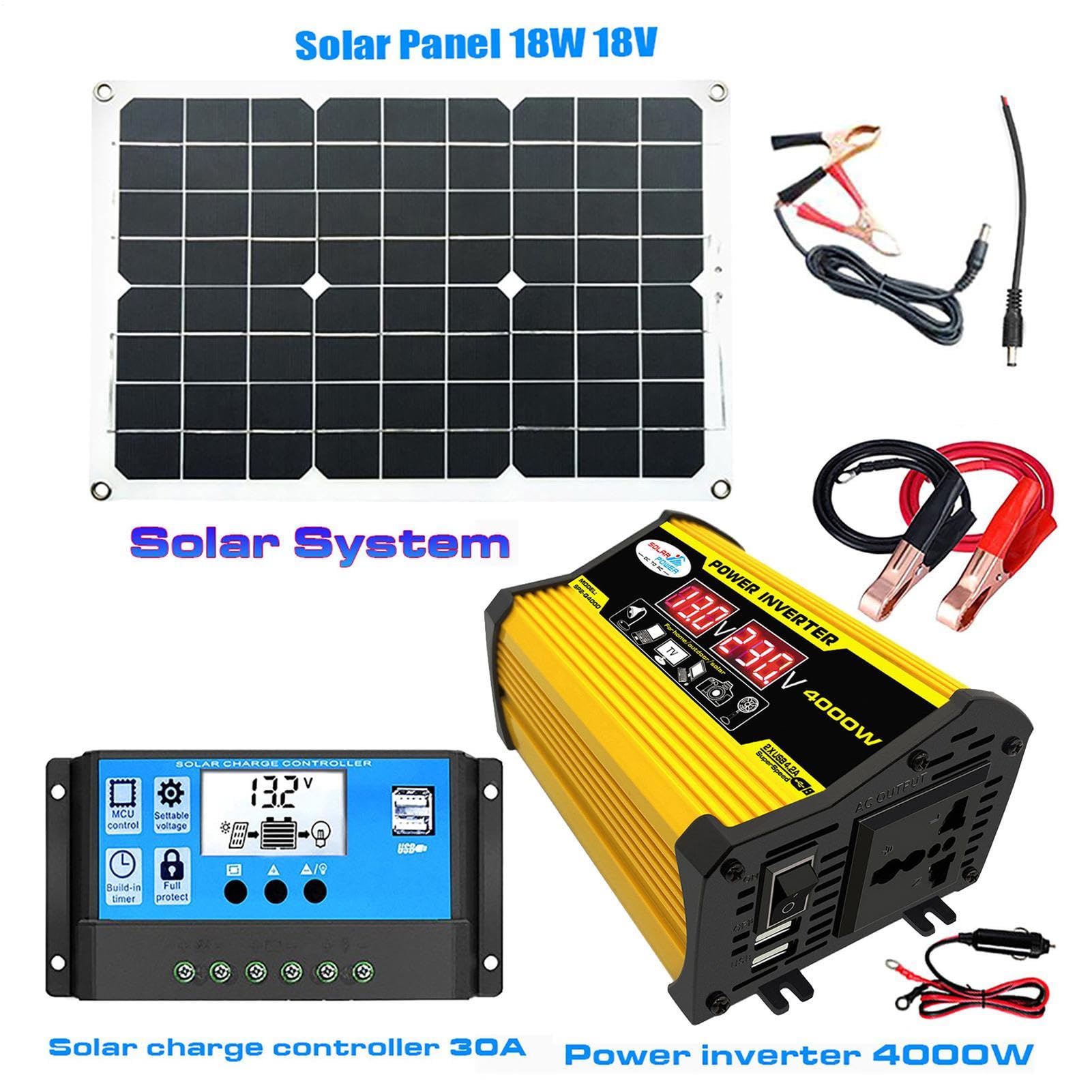 Energía Solar Portátil,220V Inversor Corriente 4000W (máx.) Con 2 Puertos USB,30A Controlador Carga Solar,420x280x2,5mm Kit Completo Paneles Solares,18W Panel Solar Monocristalino 12V / 24V