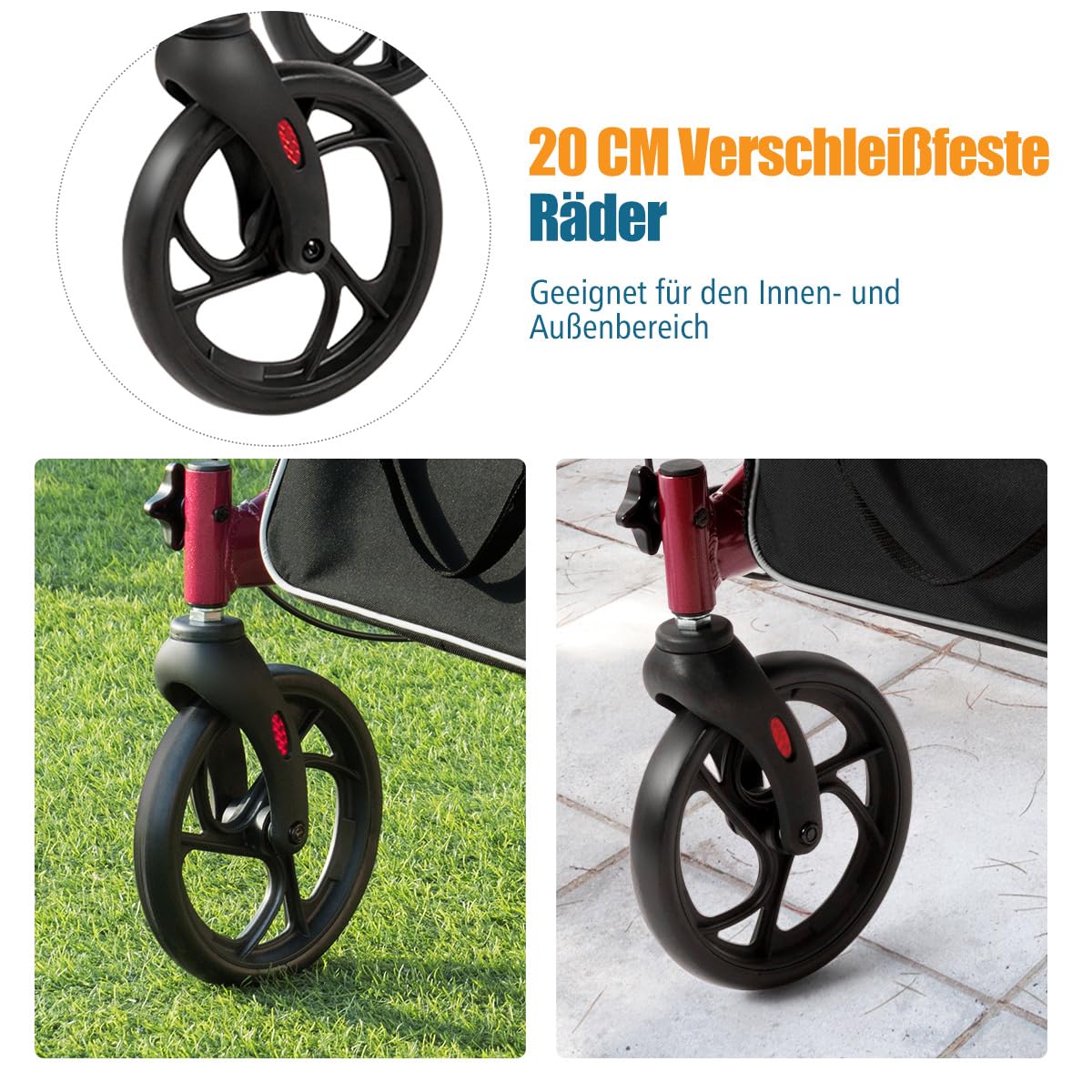 COSTWAY aluminiowy rollator, składany rollator podróżny, lekki rollator o regulowanej wysokości, z odpinanym workiem do przechowywania, malowane ogniowo, dla seniorów i dorosłych (czerwony)