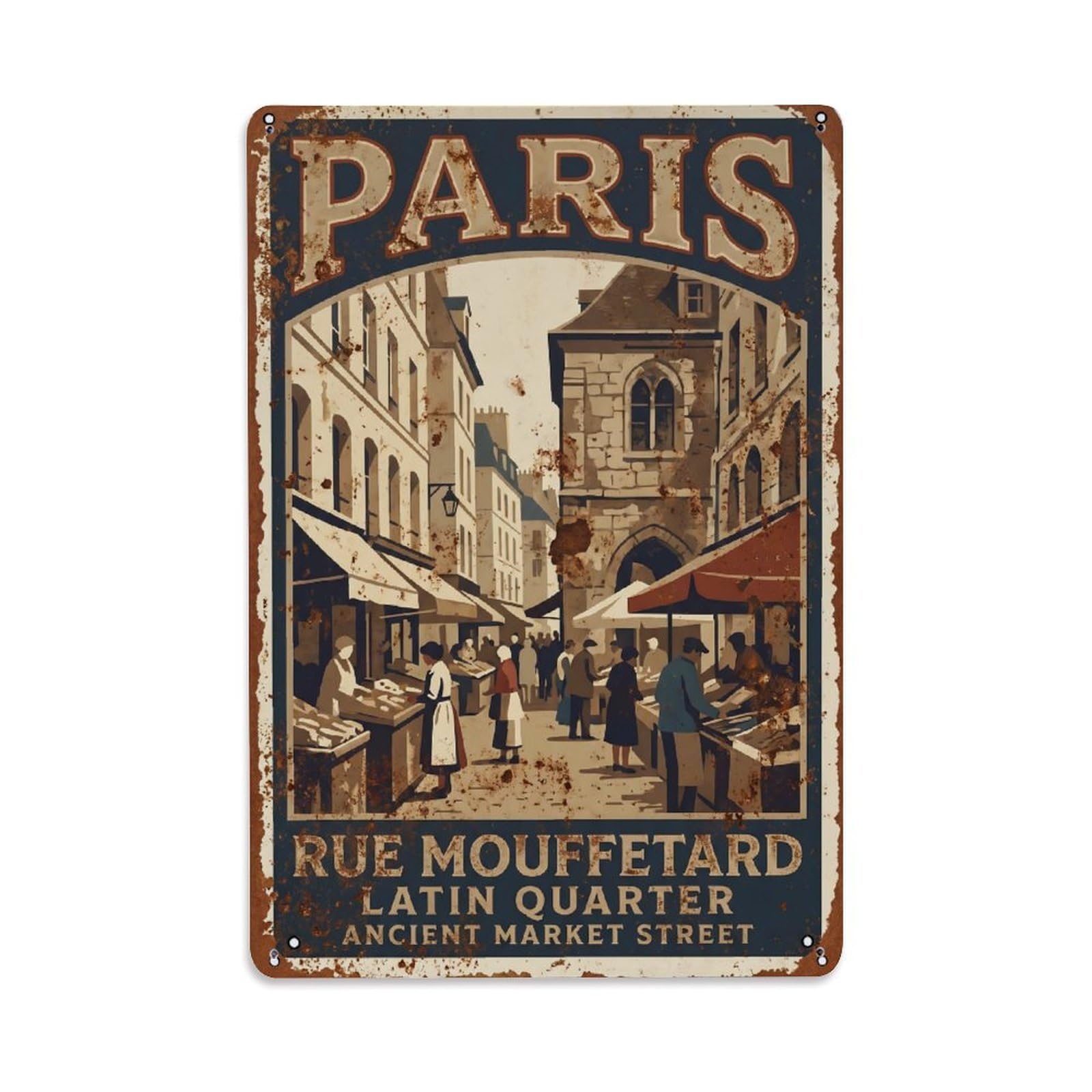 Vintage Travel Paris Rue Mouffetard Ancient Market Street Rusted France Metal Tin Sign Plaque Wall Decor for Cafe, Club Bar, Office, Home Garden Metal Poster 8x12Inch