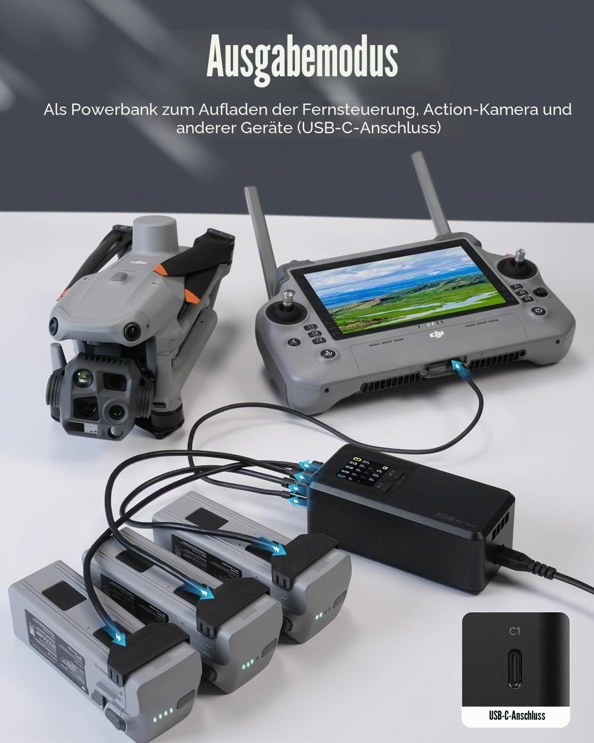 LKTOP Matrice 4 Series 200W Batterieladegerät Schnellladegerät für DJI Matrice 4T/4E Drohne mit Speicher/Stummschaltung/Ausgang, LCD Display (Paralleles Aufladen 3 Akkus 1h 50min)