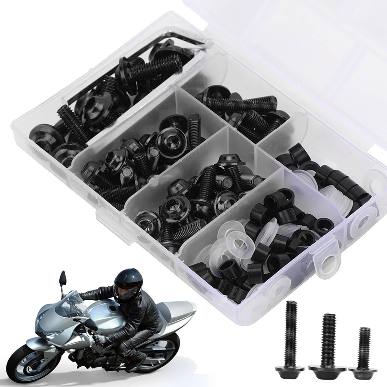 Kit de tornillos para carenado de motocicleta, Juego de pernos en acero inoxidable negro con herramientas, 158 piezas para mantenimiento y modificación de motos, Set completo para DIY