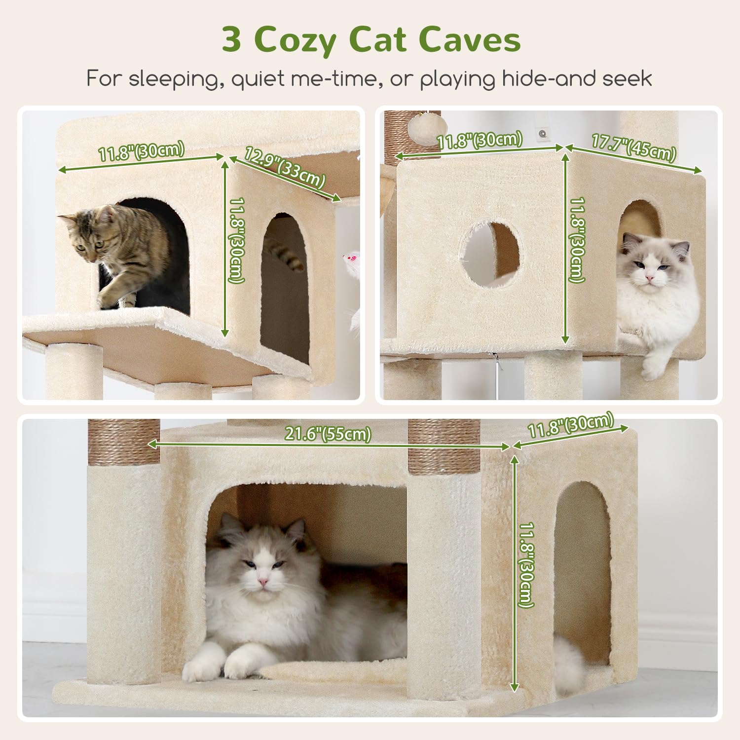 Globlazer Arbre à Chat Beige XXL Hauteur 204 cm avec 3 Niches, 2 Grande Plateforme, 3 Doux Paniers, Arbre a Chat Stable pour Gros Chats Adulte Grimpent Reposent Jeu Escalade Intérieur (F80F, Beige)