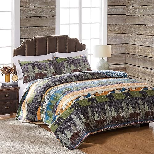 Greenland Home juego de edredón con diseño de pinos y osos negro Microfibra Multicolor Full Queen