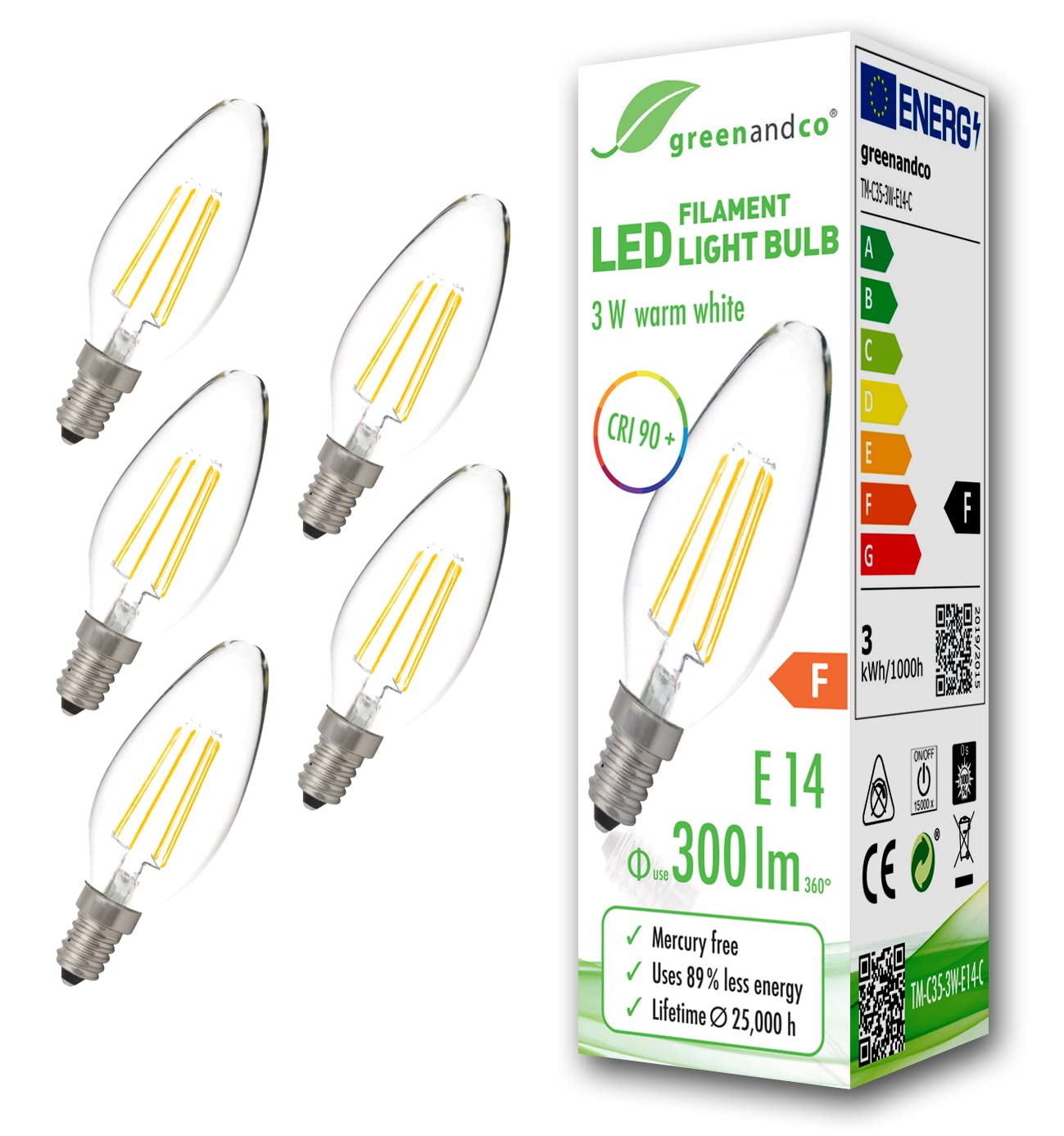Greenandco 3 Watts Clear Greenandco® Cri 90+ E14 Led Filament Candle Clear 3W Replaces 28W 300Lm 2700K Warm White 360° 230V, No Flicker, Not Dimmable, 5-Pack