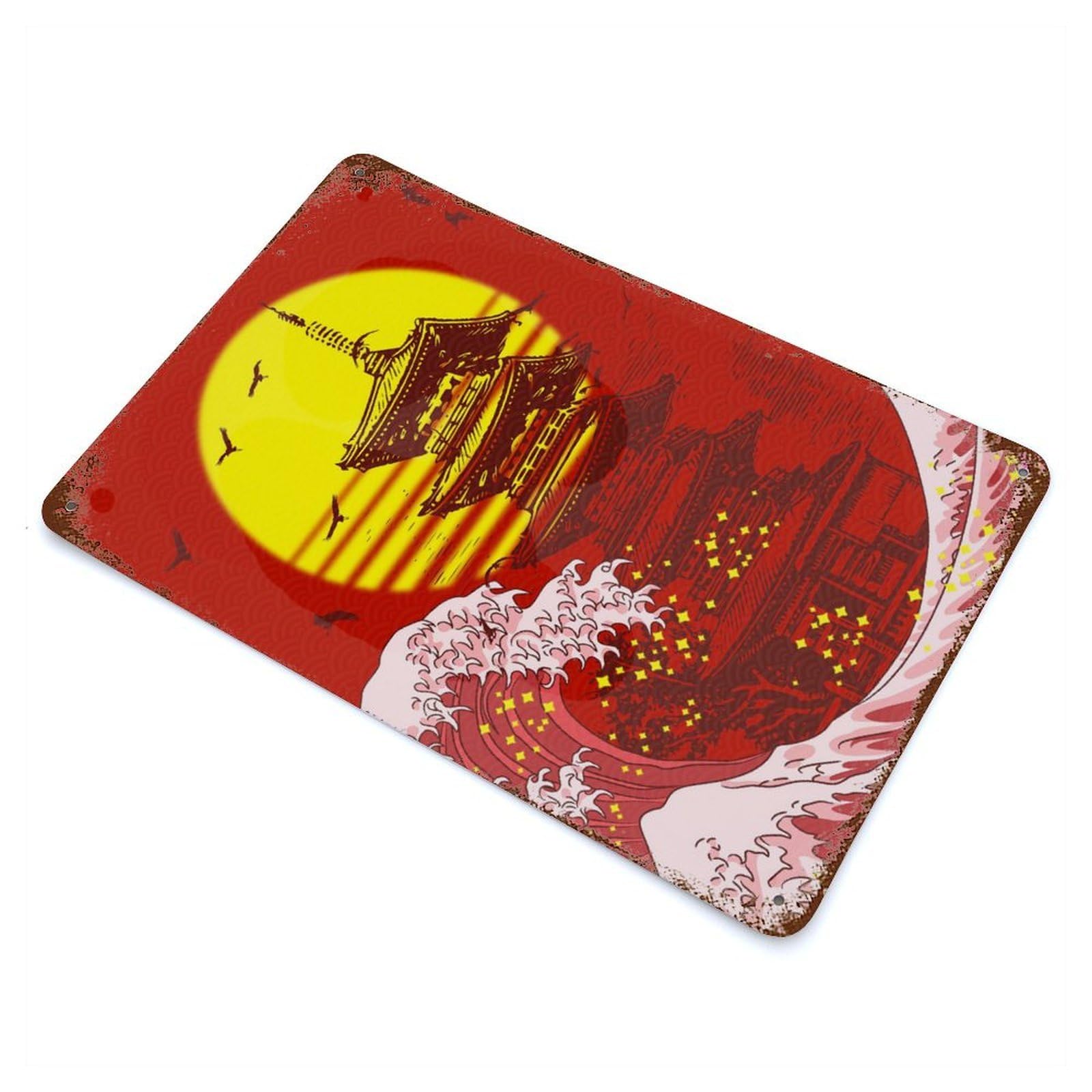 GREAT WAVE KANAGAWA PAGODA Rusty Metal Tin Sign 11.8"x7.9", Ideal for Patio, Garden Room And Bar Decor