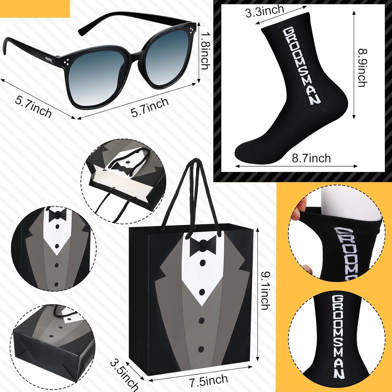 Bokon 21 Pcs Groomsmen Gifts Set 7 Pairs Black Groomsmen Socks for Men 7 Pieces T Shirt Gift Bags 7 Pairs Sunglasses for Wedding Proposal Bachelor Party