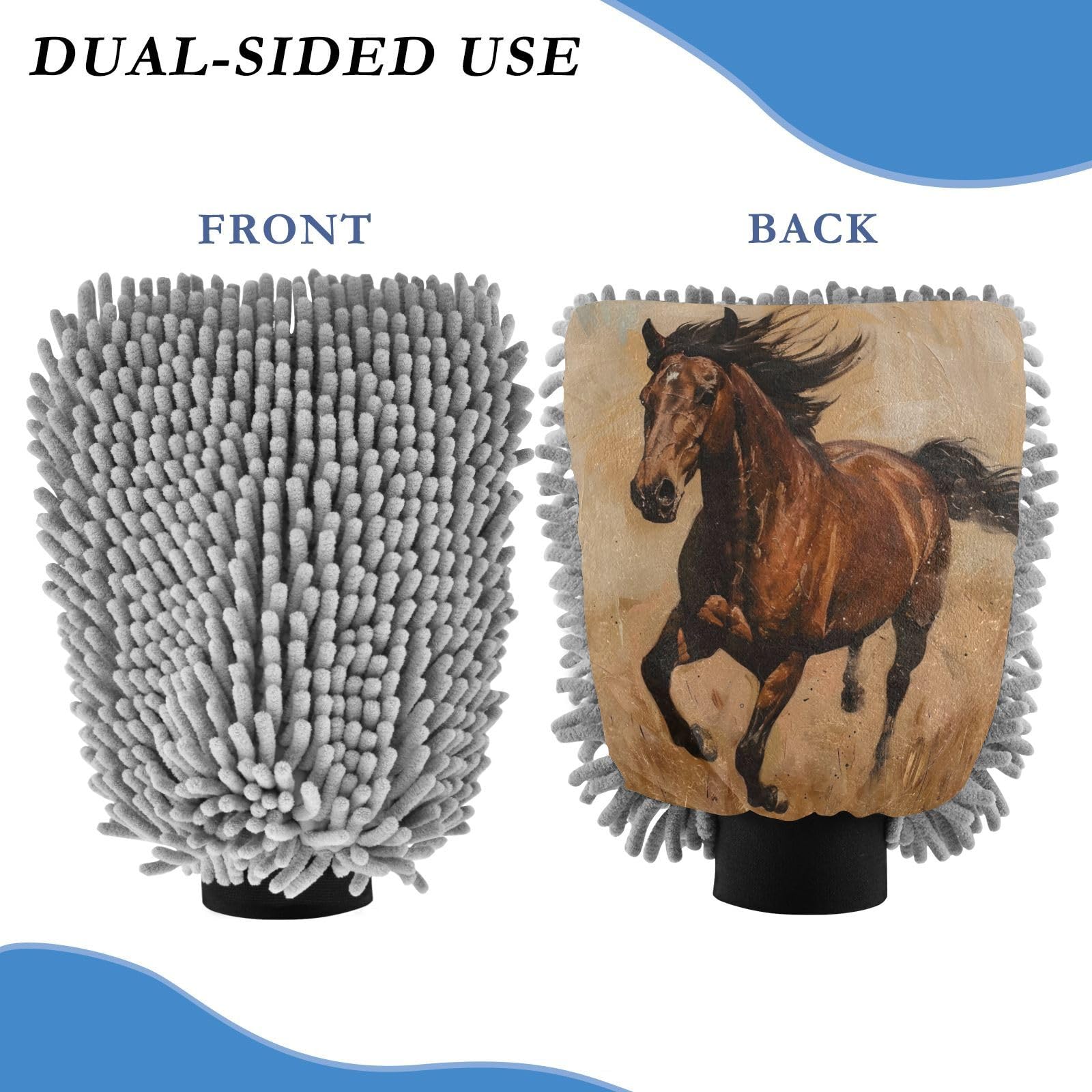 ALAZA Running Horse Car Wash Mitt Scratch Free, 2 Pack Absorbent Microfiber/Chenille Washing & Drying Mitts, M