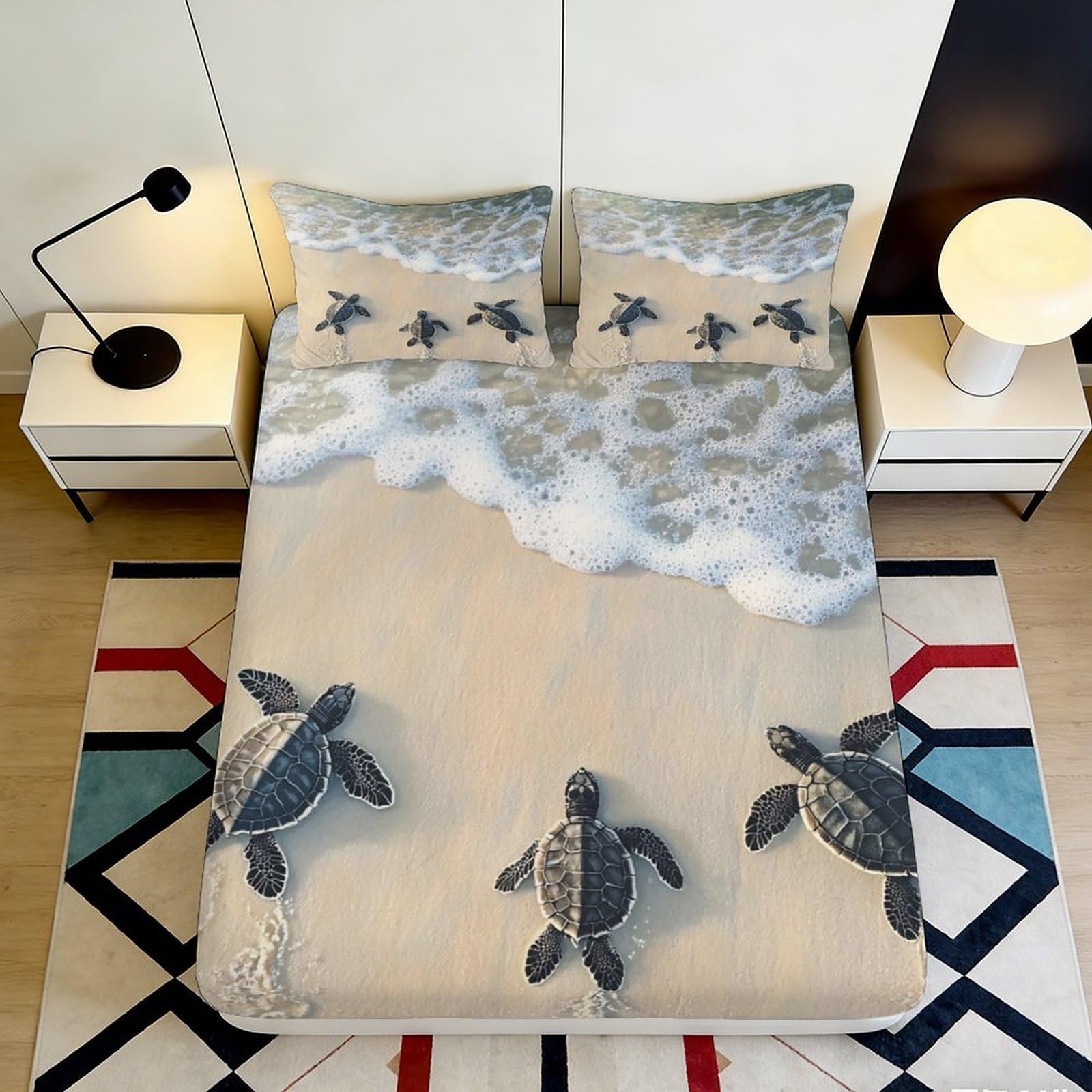 3D Printed Sea Turtle Beach Fitted Sheet Microfiber Soft Breathable Ocean Wave Mattress Cover for Bedroom Dorm Decor 120x200x25cm