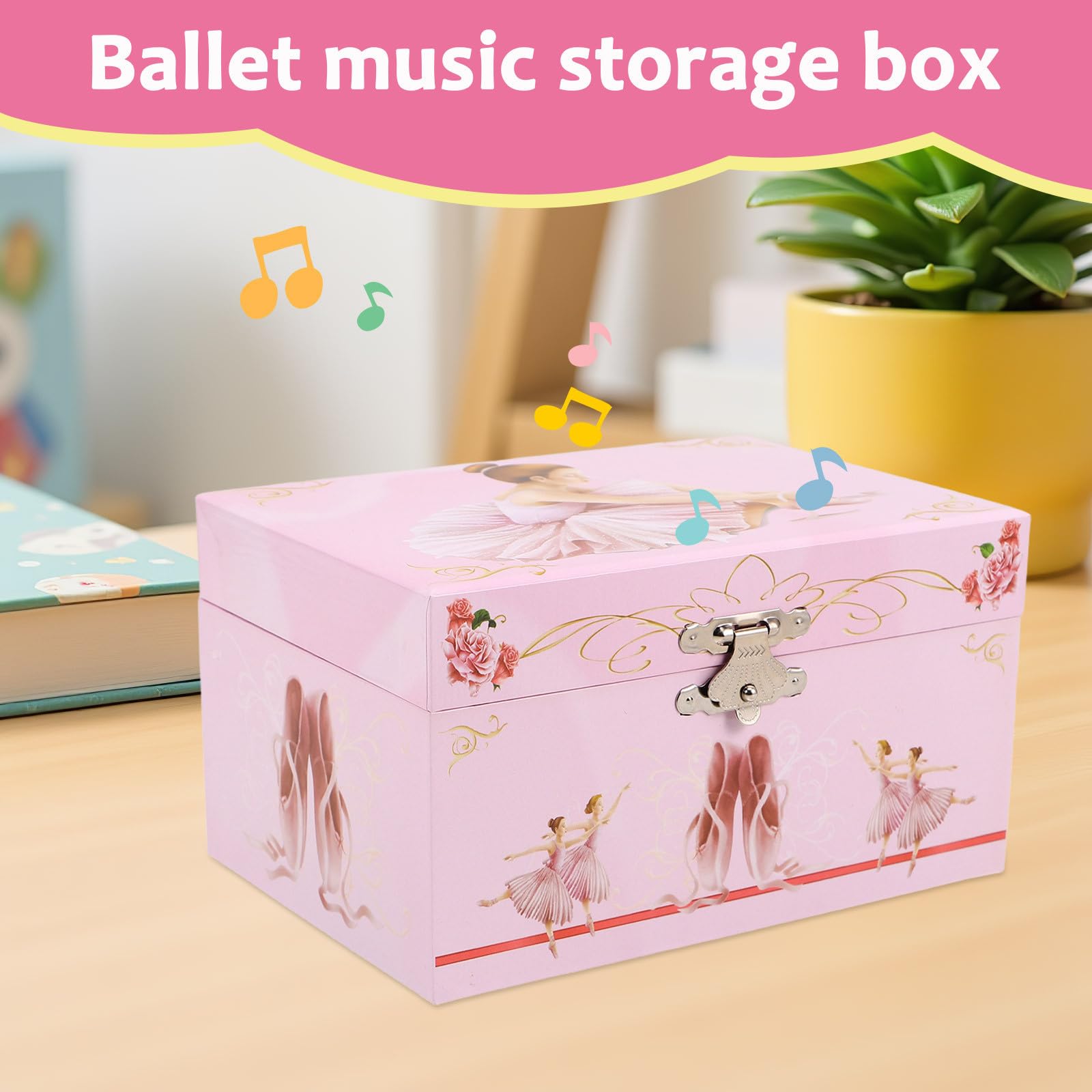 Caja de Música para Niñas con Bailarina Giratoria, Diseño Elegante en MDF y Papel Rosa, Tamaño Portátil con Compartimentos para Joyas en Habitación Infantil