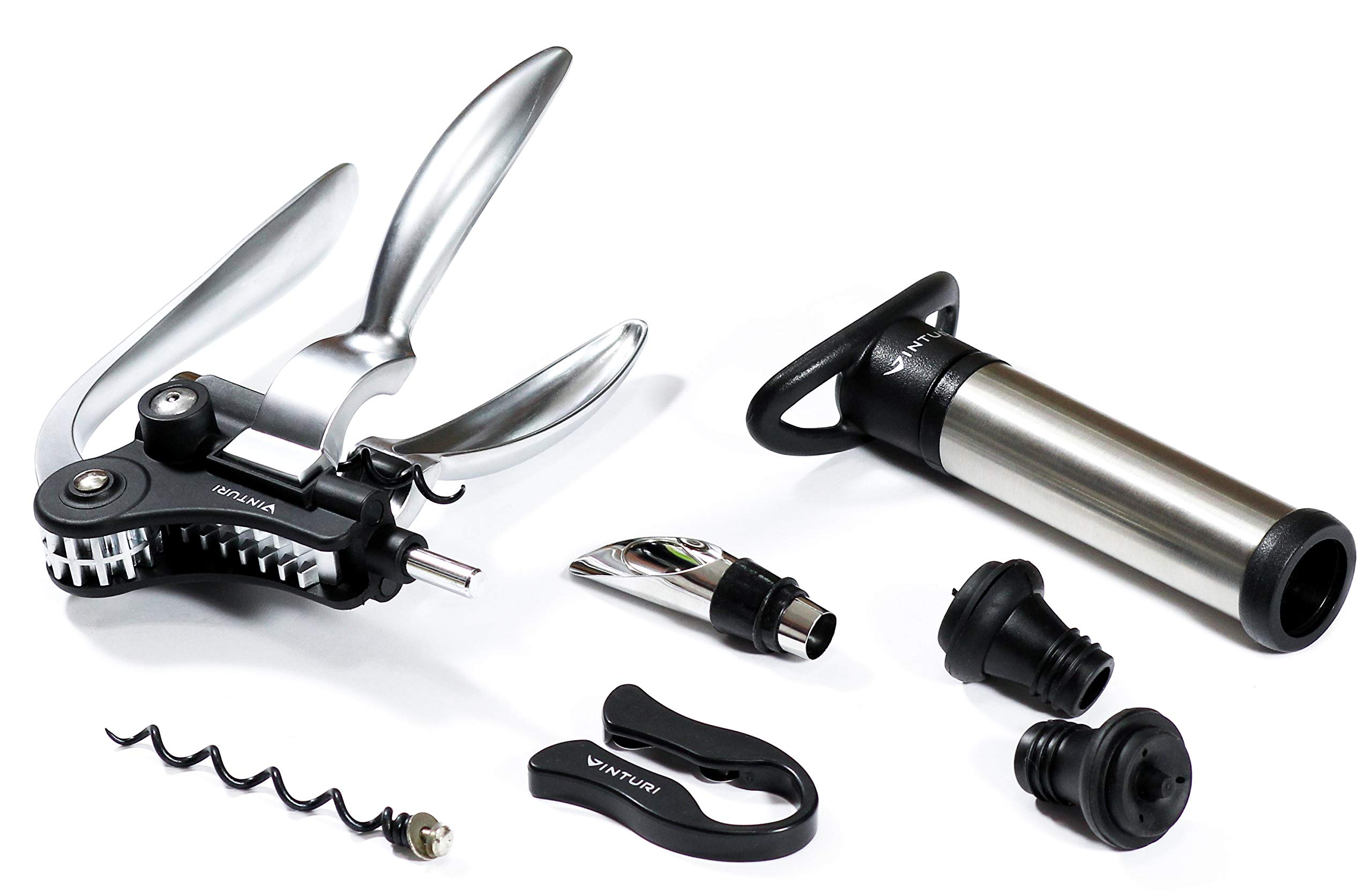 Easily Removes Natural and Synthetic Corks Features a Traditional Lever Opener Pourer Pump and Stoppers Wine Accessories by Vinturi – 7-Piece, Stainless Steel, Silver, Model V9089