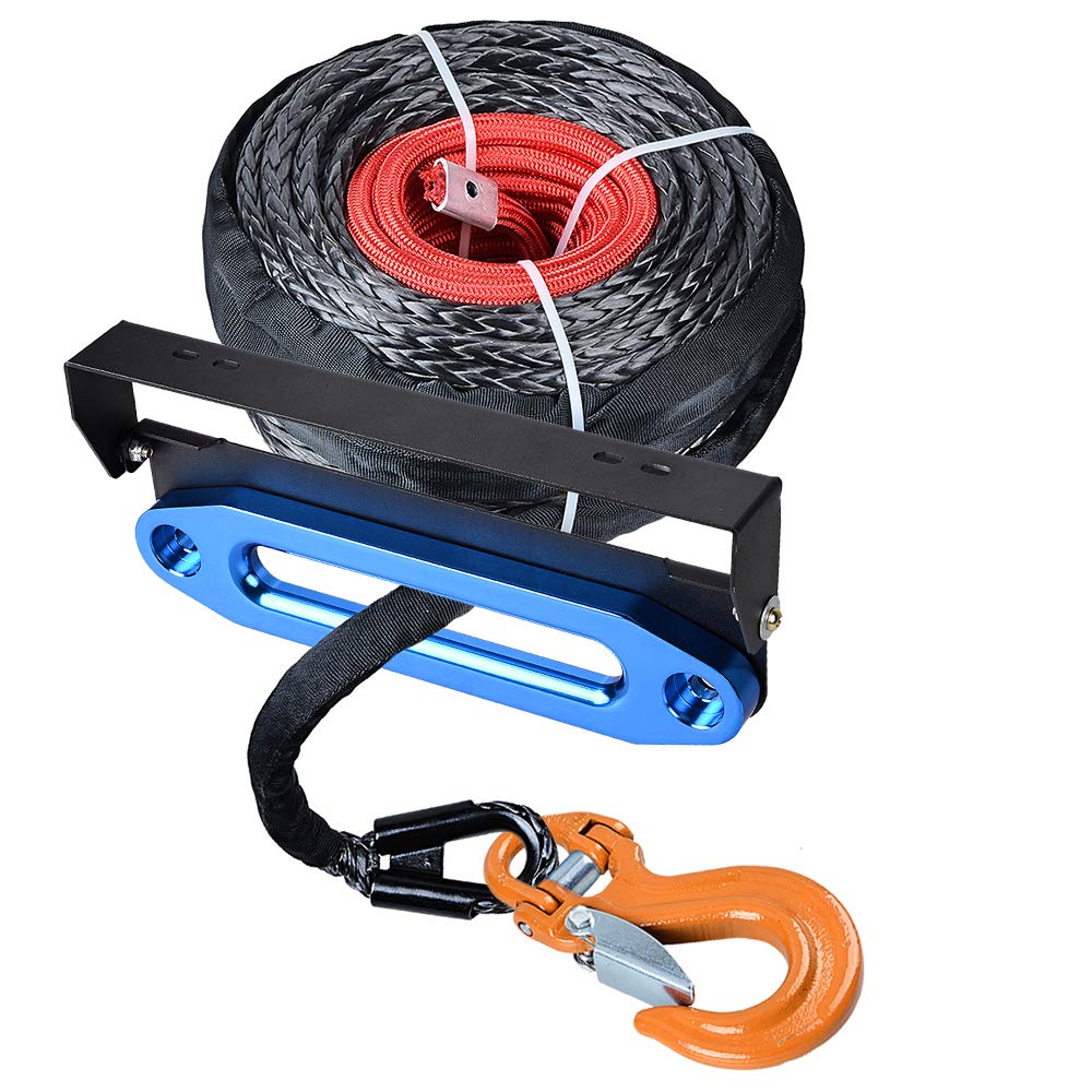 amopacorp 95 ft x 3/8 inch Synthetic Winch Rope with Flip-Up Hawse Fairlead Mounted License Plate Holder and Anodized Blue 10