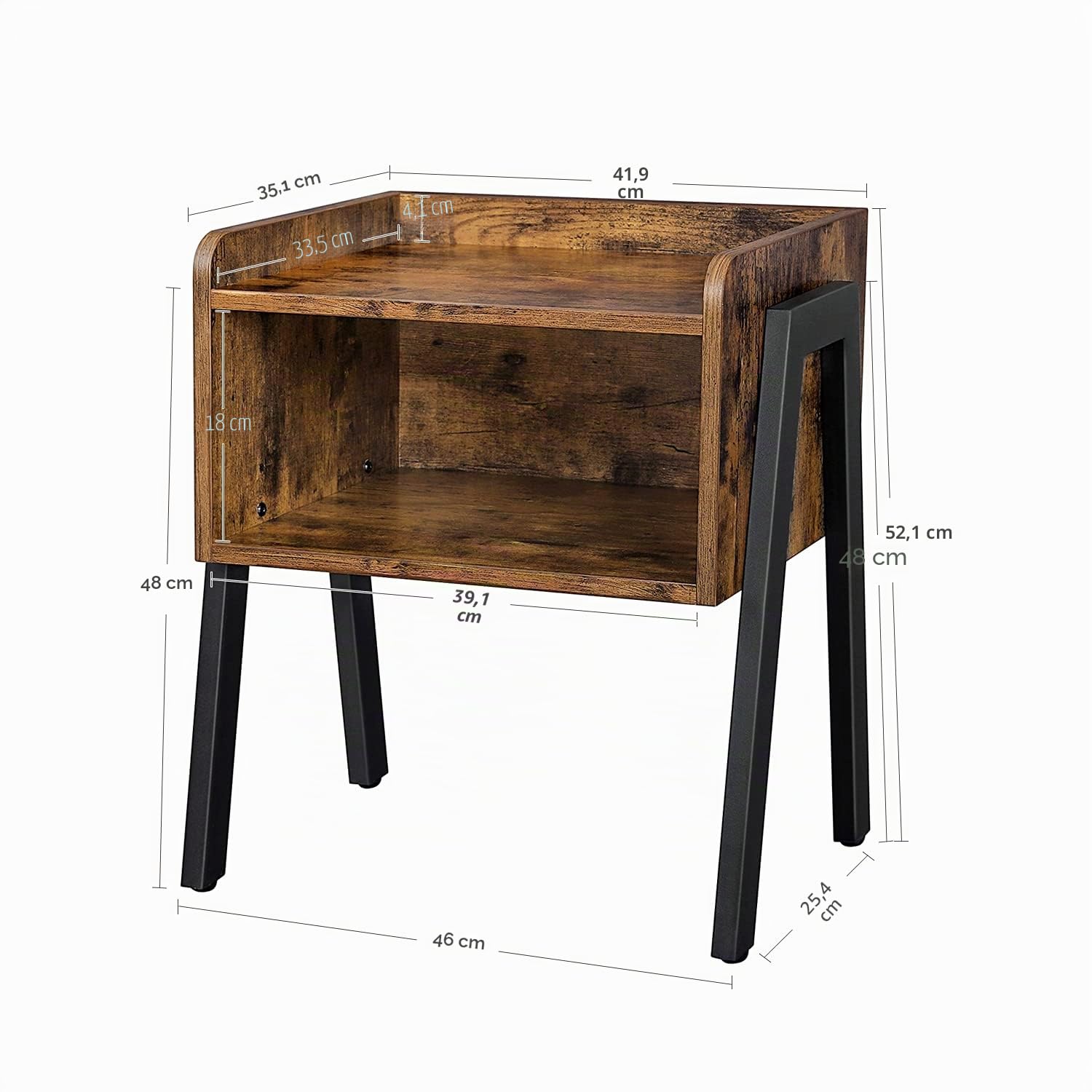 VASAGLE Table d'appoint avec Compartiment Avant Ouvert, Cadre métallique Robuste, Facile à Assembler, Marron Rustique et Noir LET54X, Bois d'ingénierie, 42 x 35 x 52 cm