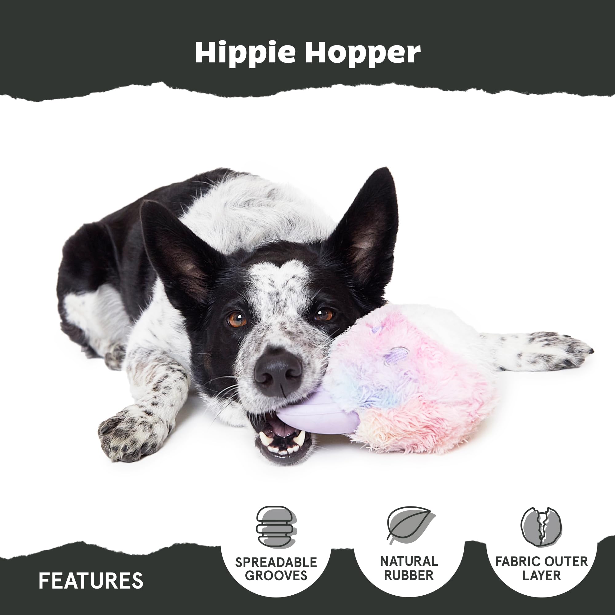Barkbox BARK Super Chewer Hippi Hopper Dog Toy, Plush-Covered Rubber, Grey Hare Design, Medium/Large, Blue / yellow - Image 4