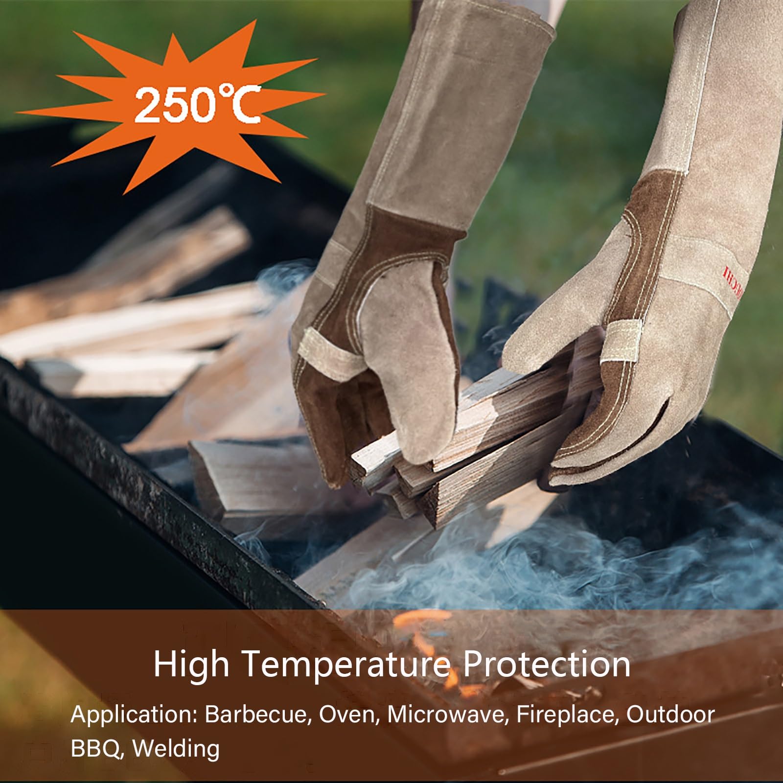 Schweißerhandschuhe für Männer, Hochtemperatur-Kochhandschuhe, Dicke & Abriebfeste Arbeitshandschuhe für BBQ, Backofen, Braun(L)