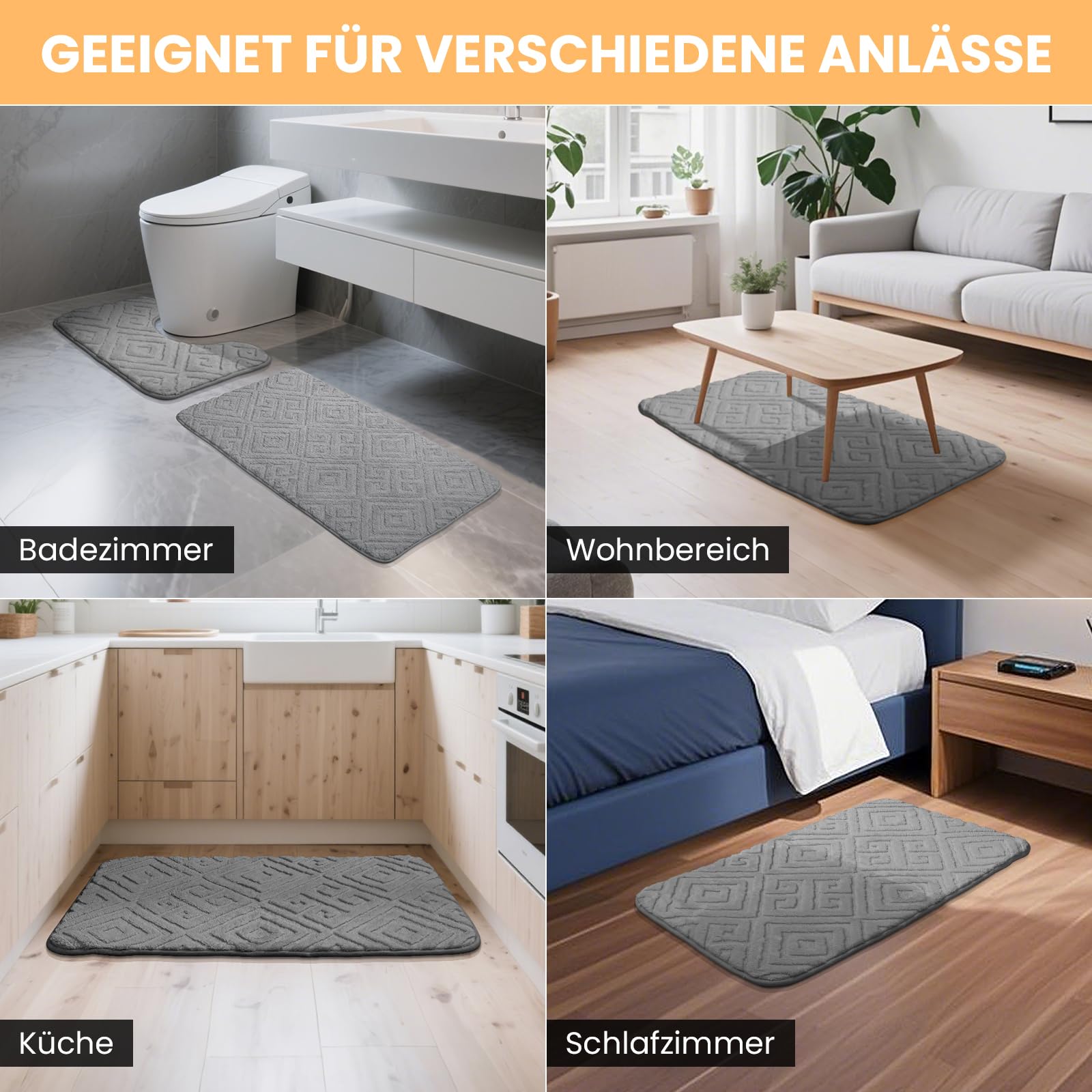 HOMELUX 2BF Lot de 2 Tapis de Bain Antidérapants - Doux et Moelleux, Gris | 40 x 50 cm (forme en U) + 50 x 80 cm (rectangulaire), absorbant l'eau, pour la salle de bain, lavable en machine