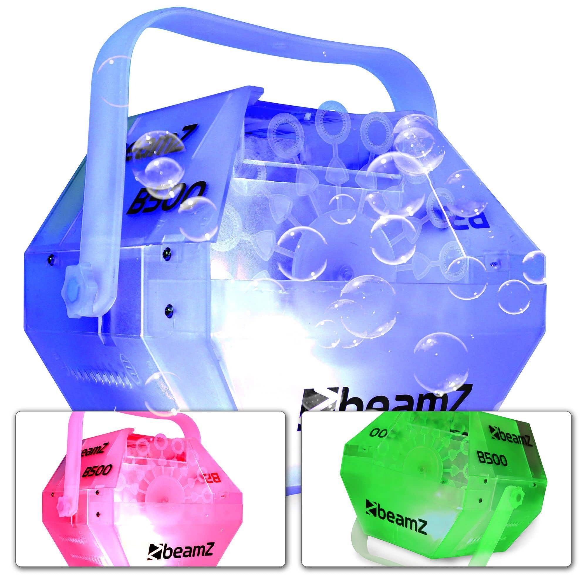 BeamZ B500LED - Máquina de Burbujas con Leds Multicolor, 1L de líquido Incluido, diseño Transparente, Potente Ventilador, Uso automático, Fiestas, Eventos y ferias Infantiles