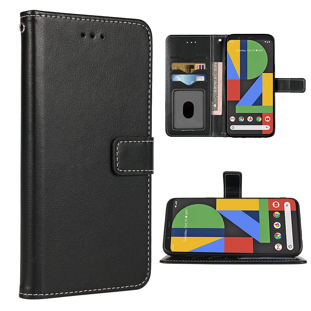 Compatible with Google Pixel 4 Wallet Case Wrist Strap Lanyard Leather Flip Cover Card Holder Stand Cell Accessories Folio Purse Phone Cases for Pixel4 Pixle Four Women Men Black