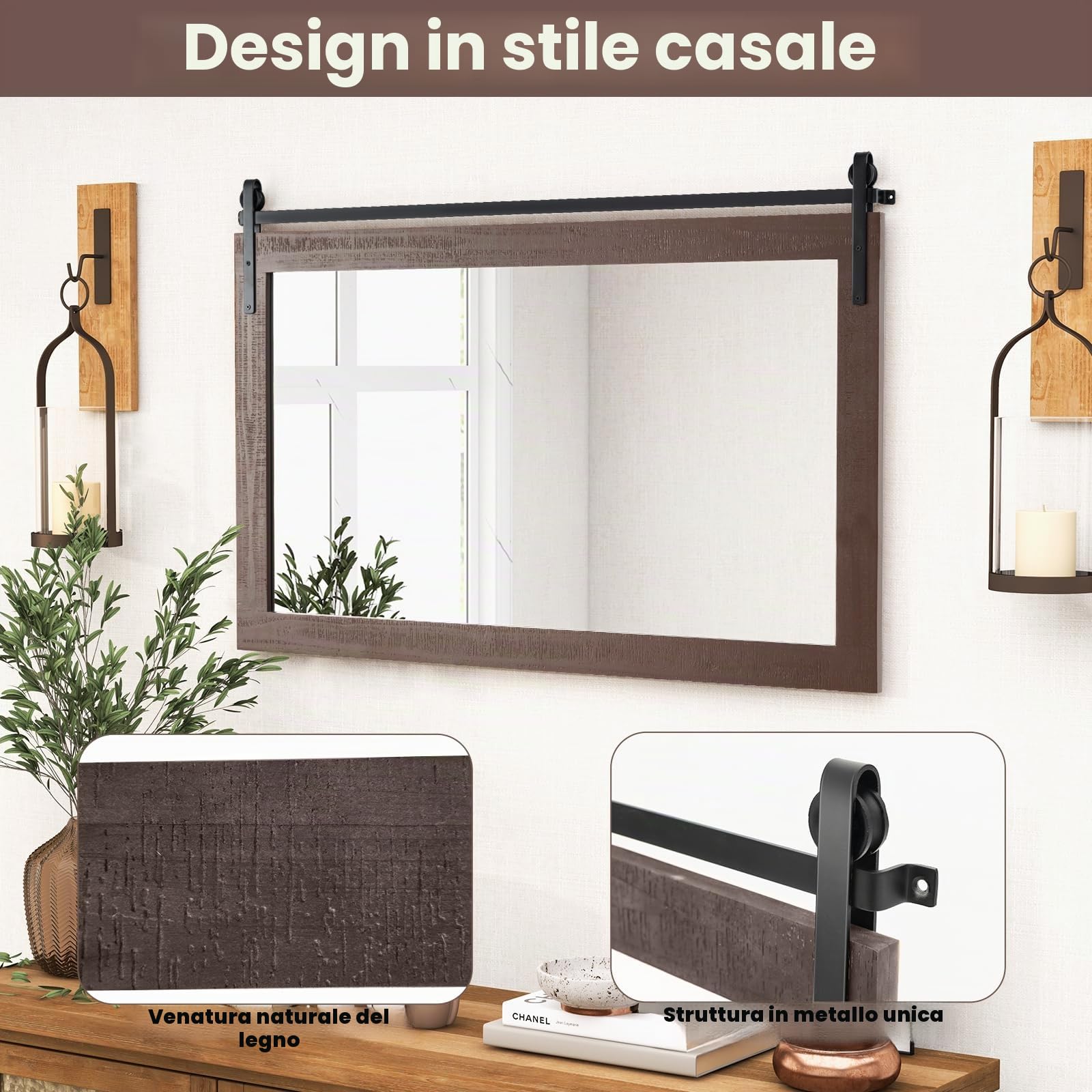 LIFEZEAL Specchio da Parete Rettangolare, Cornice in Legno Massello, Antisplosione, Decorativo, Ingresso, Salotto, Camera da Letto, Bagno, Appeso a Muro, Alta Definizione, Mirror (grigio, 100x66 cm)