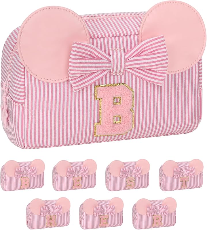 Necessaire de maquiagem onemoky com inicial, nylon, listrada rosa com laço