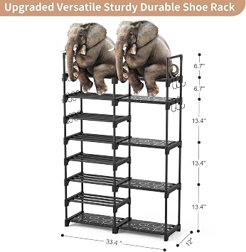 ROJASOP Shoe Rack Organizer, 8-Tier Metal Shoe Rack for Closet Entryway Garage, 26-32 Pairs Tall Shoe Boot Storage Shelf with 15 Hooks, Stackable Large Shoe Stand