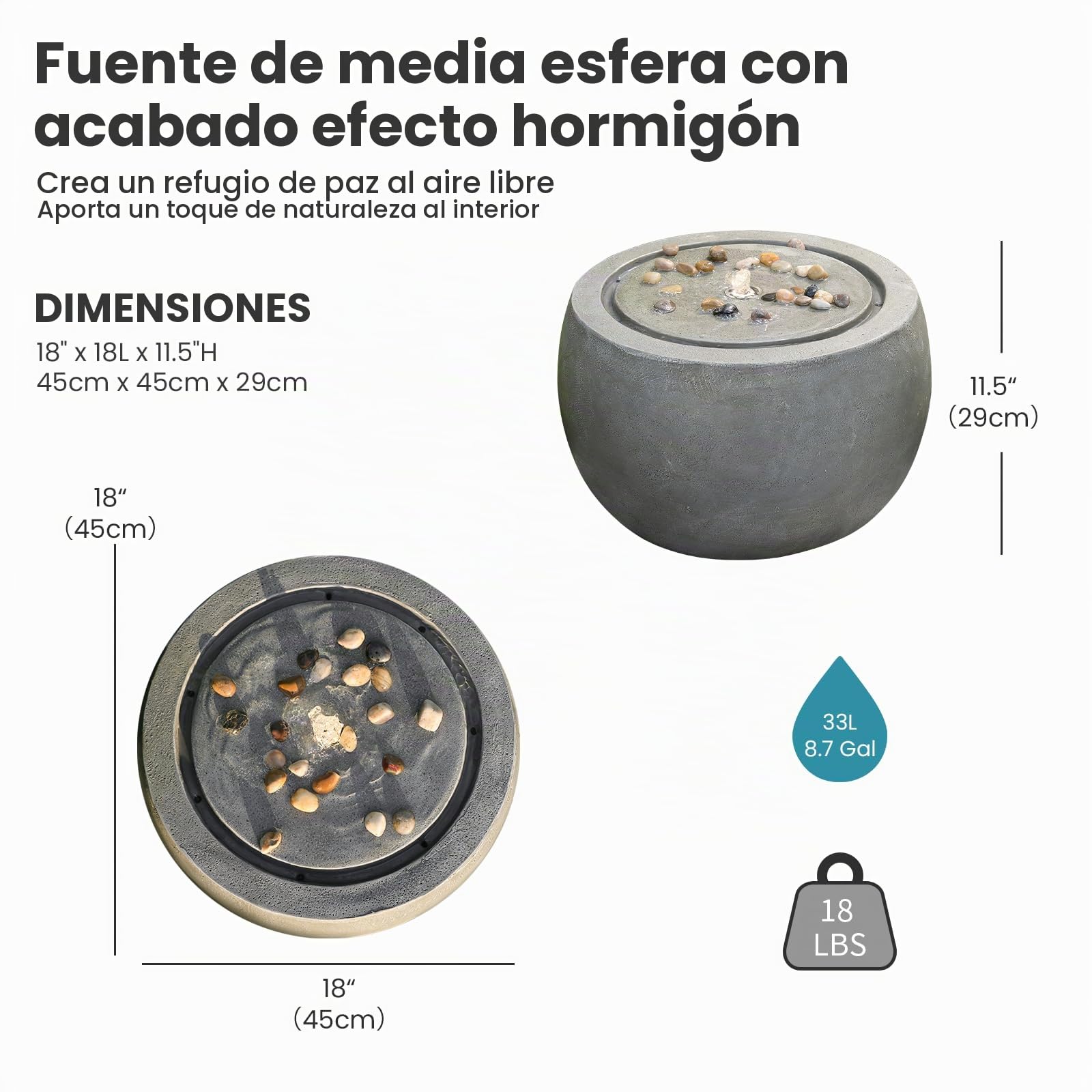 Tankana - Fuente de agua para jardín, para exteriores, con luces y bomba y guijarros, efecto concreto para patio, terraza, patio, decoración del hogar, gris, 18 pulgadas de largo x 18 pulgadas de