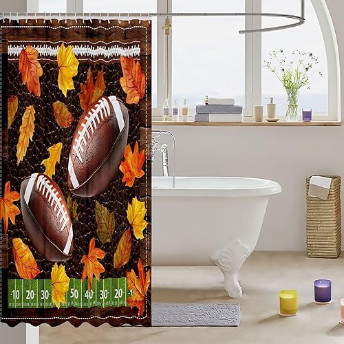 Miniatura 3 de Cortina de baño de fútbol americano, cortina de ducha con temática de pelota deportiva de otoño para niños, hojas de arce otoñal, tela impermeable