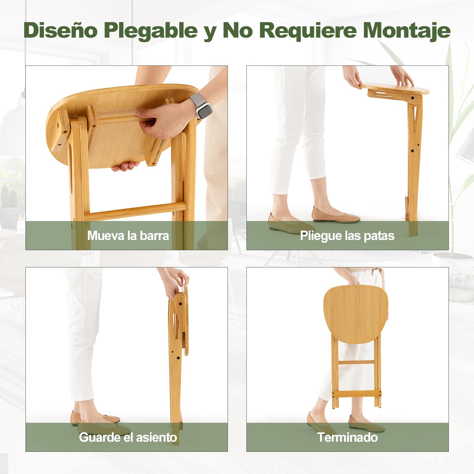 COSTWAY Set de 2 Taburetes de Bar Plegables, 36x33x61 cm, Taburetes Plegables de Bambú con Reposapiés y Asiento Ancho, Taburetes Portátiles de Madera Natural para Cocina, No Requiere Montaje