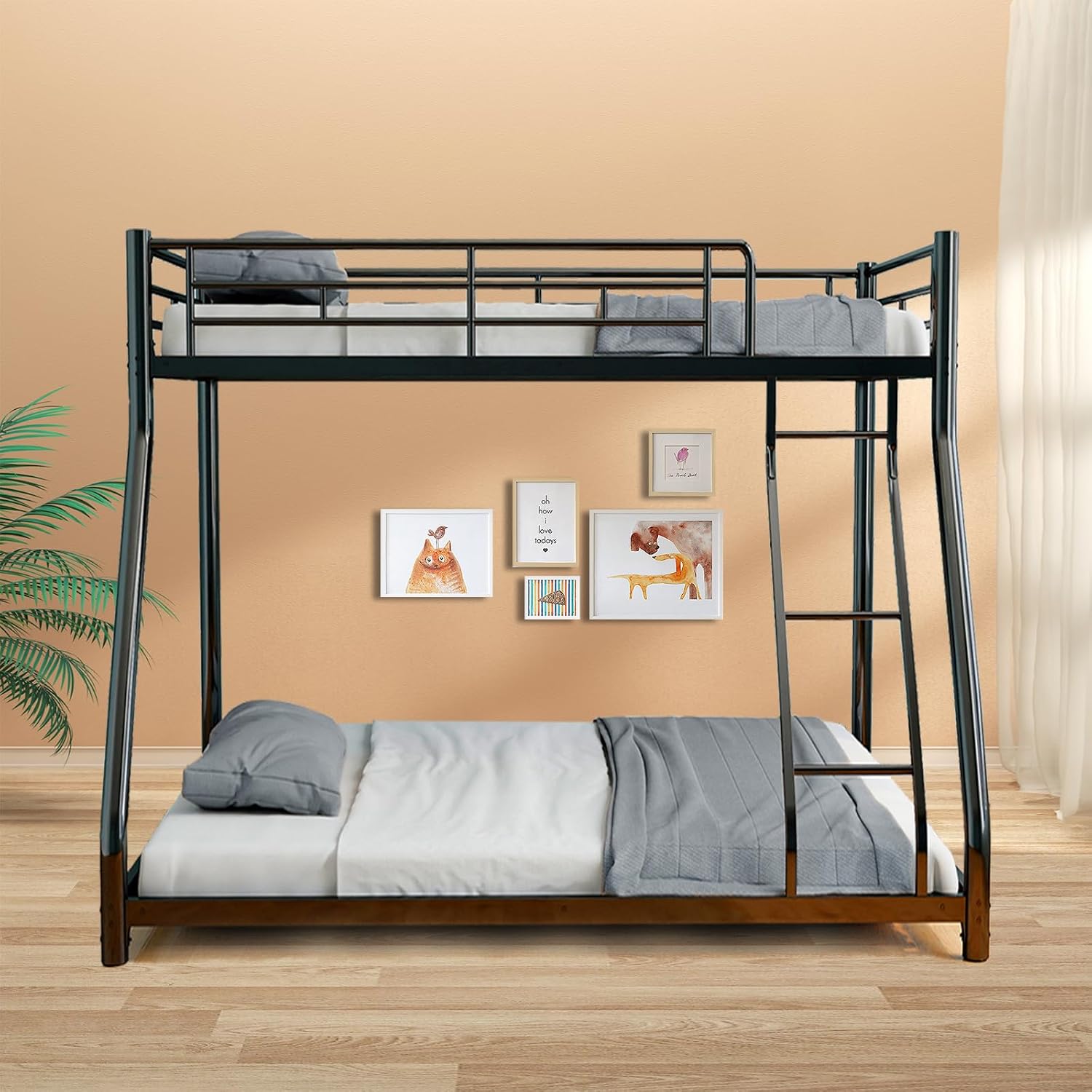 HomJoones Heavy Duty Metal Bunk Bed Twin Over Full Size, Heavy Duty Floor Bunk Beds Frame with Enhanced Upper-Level Guardrail