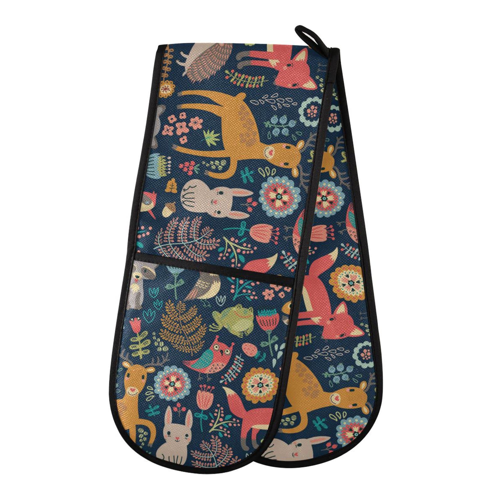 Double Oven Glove Cute Deers Fox Rabbit Bird Frog Heat Resistant Double Ovens Mitt Modern Cooking Gloves Potholders