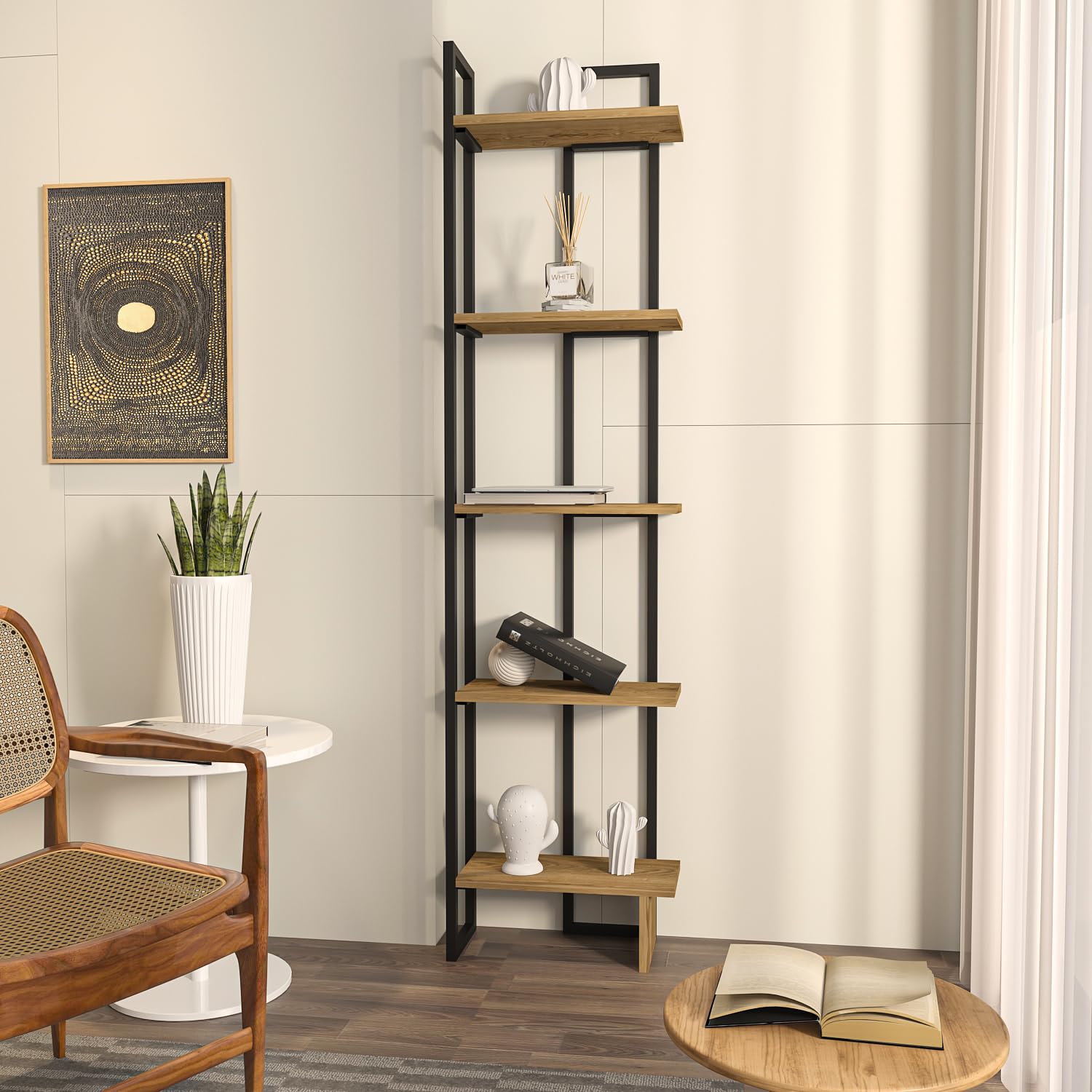 DECOROTIKA - Alica180 cm Tall Bookcase – Corner Unit Bookshelf – Metal Frame Shelving Unit for Living Room,Storage Rack, Home Office, Bedroom and Study Room (Black/Oud Pattern)