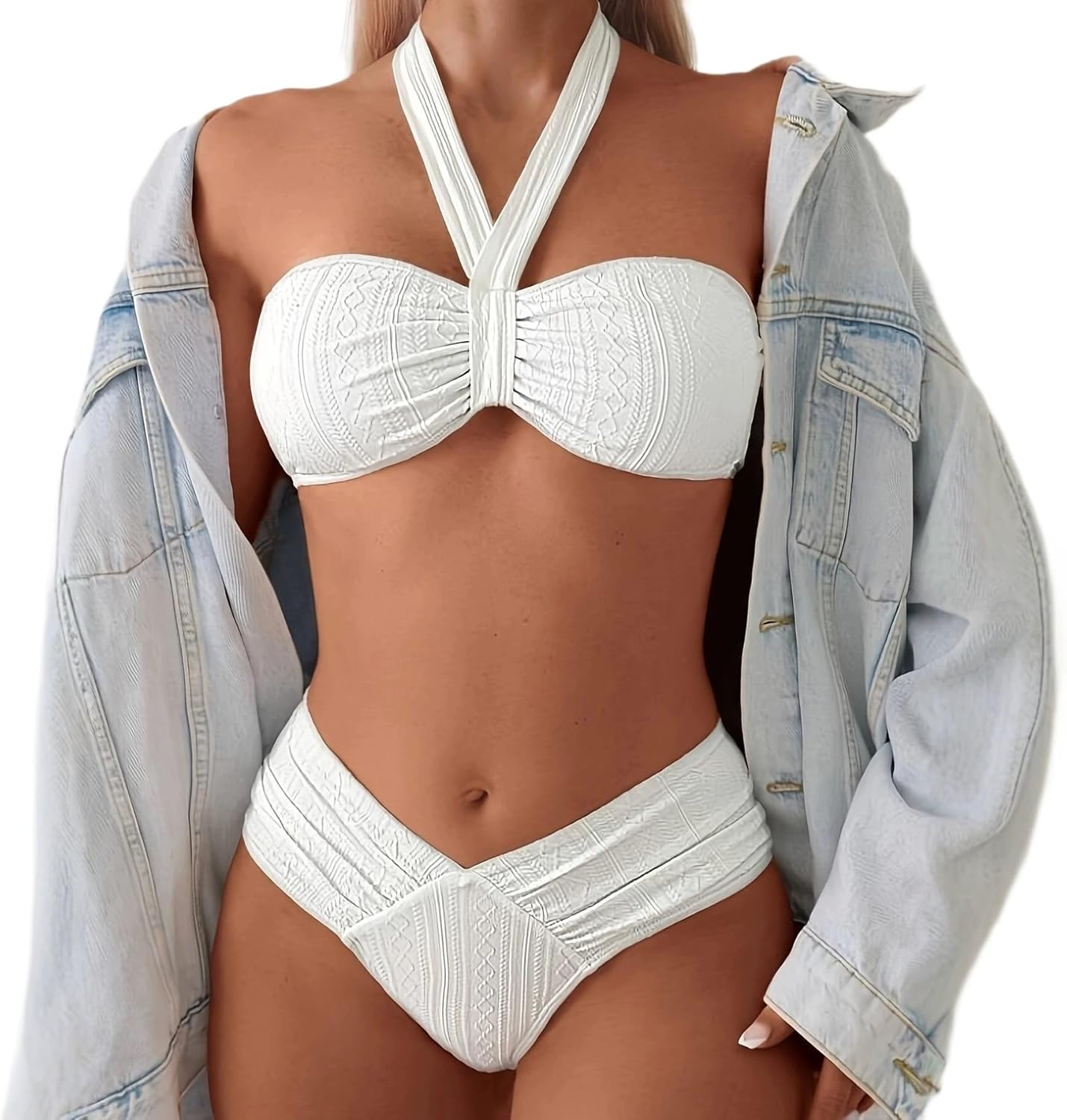 Women's Textured White Two-Piece Swimsuit Set, High-Waisted Bikini Bottom with Bandeau PQ-QJ002