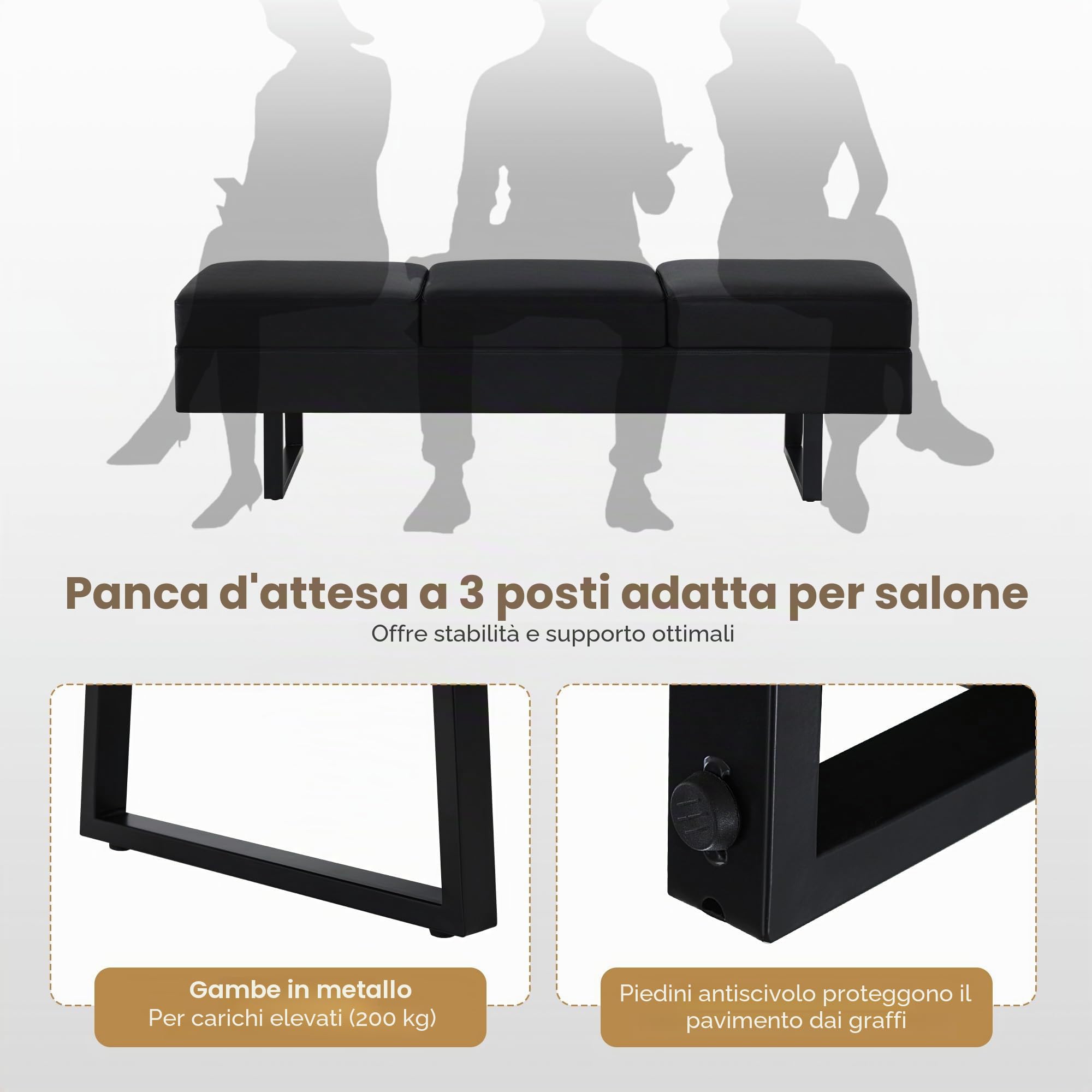 Barberpub 3 posti per salone spa, larghezza 153 cm, banc d'attesa parrucchiere, imbottito per camera, da letto per soggiorno, arredamento parrucchiere W513 (Nero/Finta Pelle)