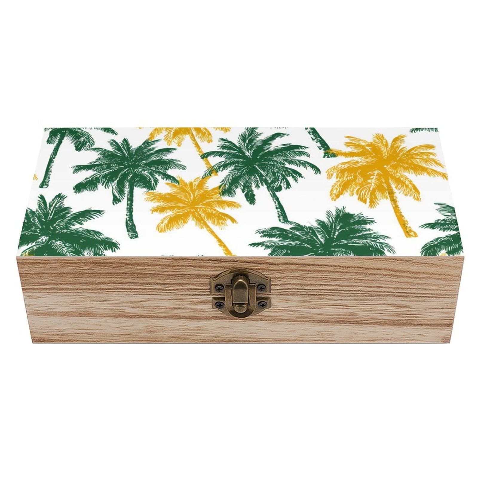 HLBSDM Green Yellow Palms Tree Wooden Storage Box Craft Memory Keepsake Treasure Chest Box Jewelry Organizer