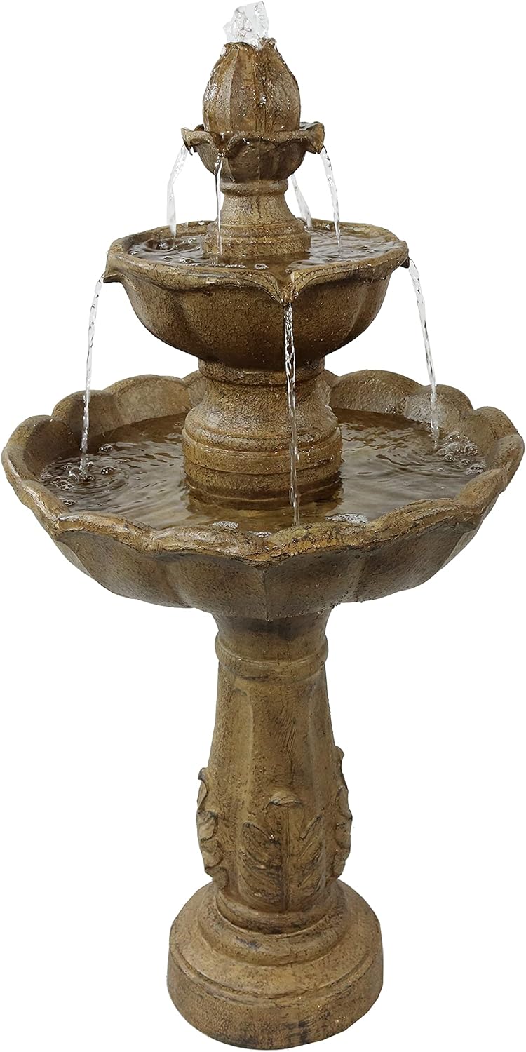 Sunnydaze Blooming Flower 38-Inch 2-Tier Outdoor Water Fountain with Electric Submersible Pump for Garden, Patio or Yard