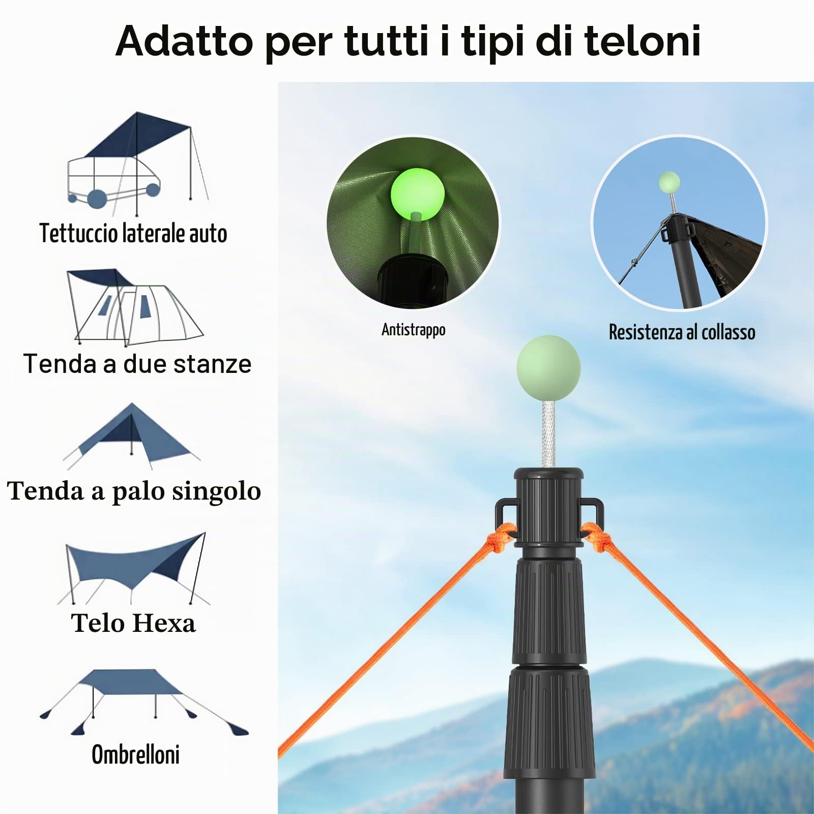 SANLIKE Asta Telescopica Alluminio Pieghevole 2,45m Nero Campeggio Set 2 | Per campeggiatori escursionisti , altezza regolabile , compatibile tende parasole , trasportabile anti corrosione