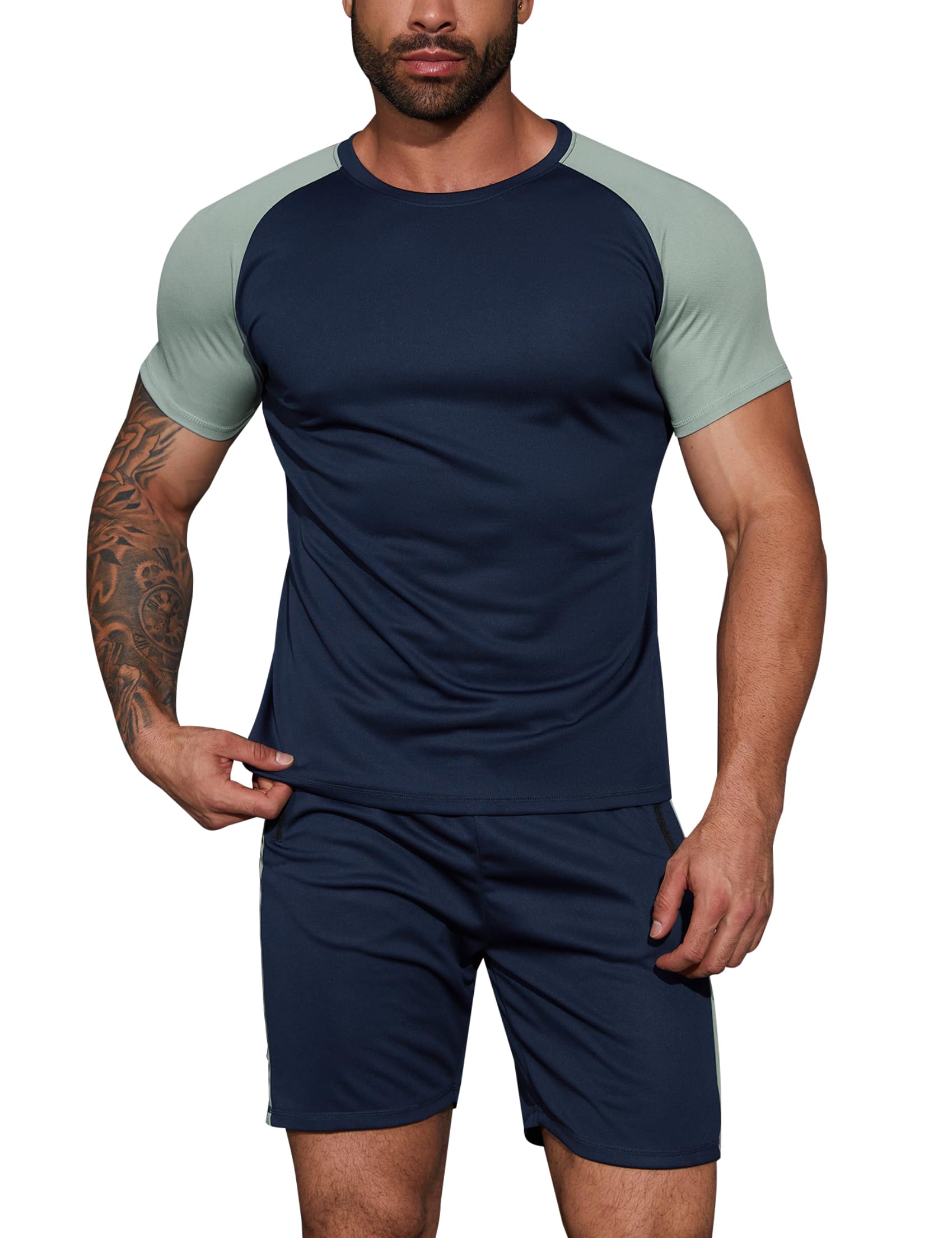 Wayleb Tuta Uomo Completa Set Tute Estiva T-shirt Collo Arrotondato e Pantaloncini, Set Sportivo Palestra da Abbigliamento Uomo Traspirante Tasche e Coulisse S-XXL