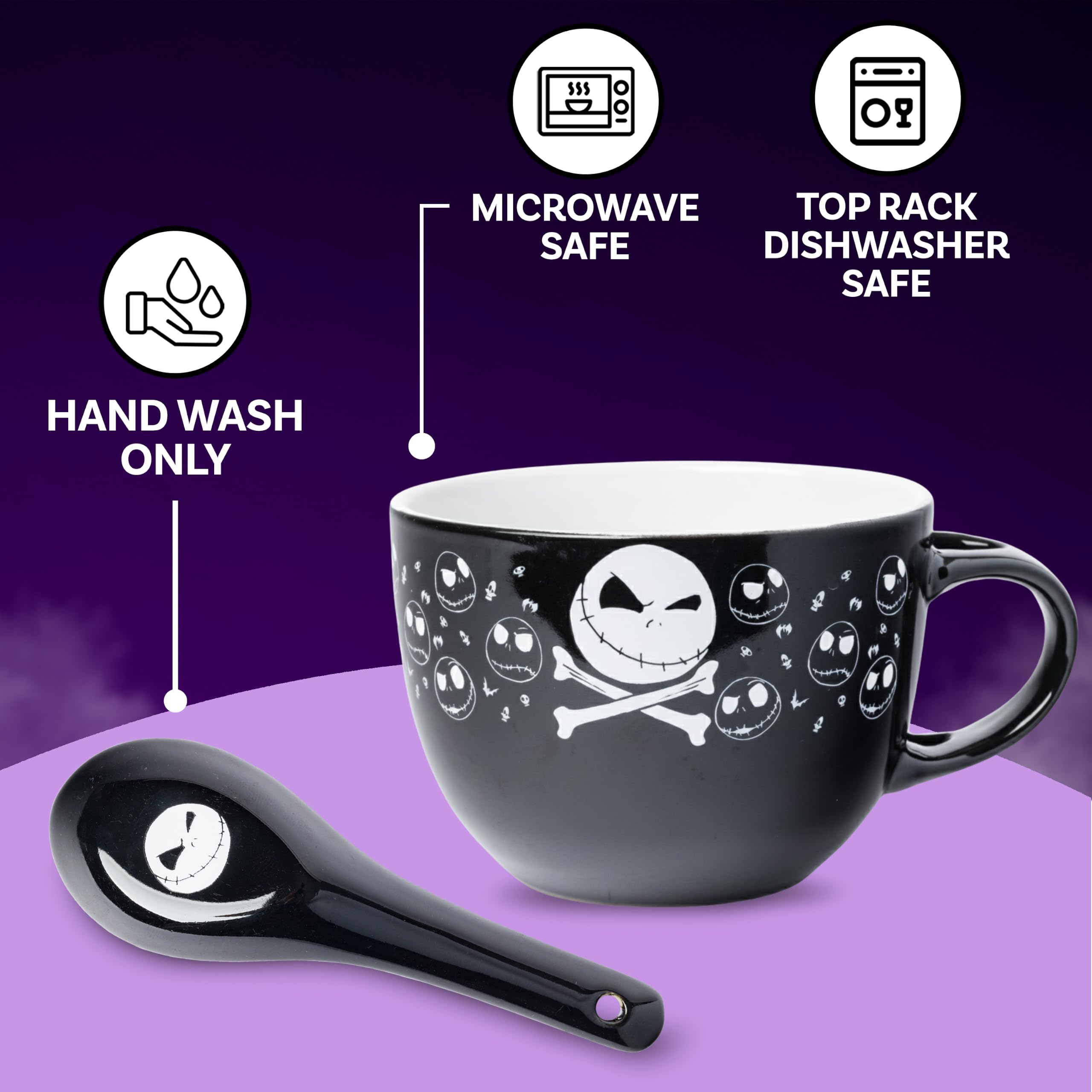 Silver Buffalo Nightmare Before Christmas Jack Cross Bones Keramik-Suppentasse mit Löffel, 680 ml | Tim Burton's, Jack Skellington, Löffel-Set, Totenköpfe, 0,71 Liter