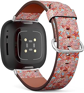 CJBROES Replacement Leather Watch Band, Compatible with Fitbit Versa 3 and Fitbit Sense of Wristband Bracelet Accessory - Watercolor-starfishes-Coral-reefs-on