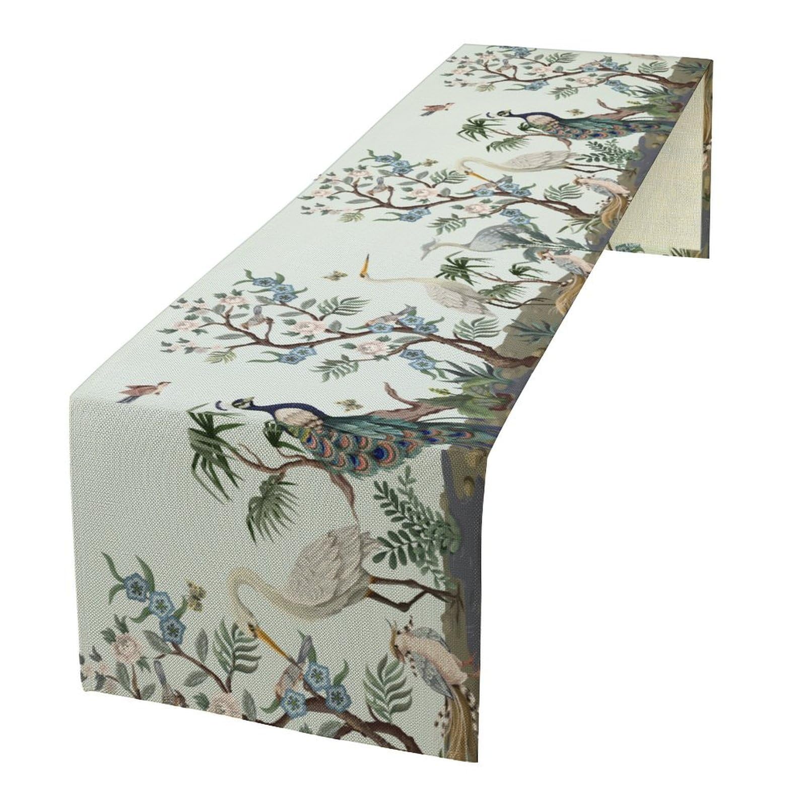 Chinoiserie Peacock Table Runner, Retro Chinese Peonies Flowers Herons Peacock Table Cover for Kitchen Dining Table Indoor Outdoor Home Party Restaurant Decor, 13x36inch