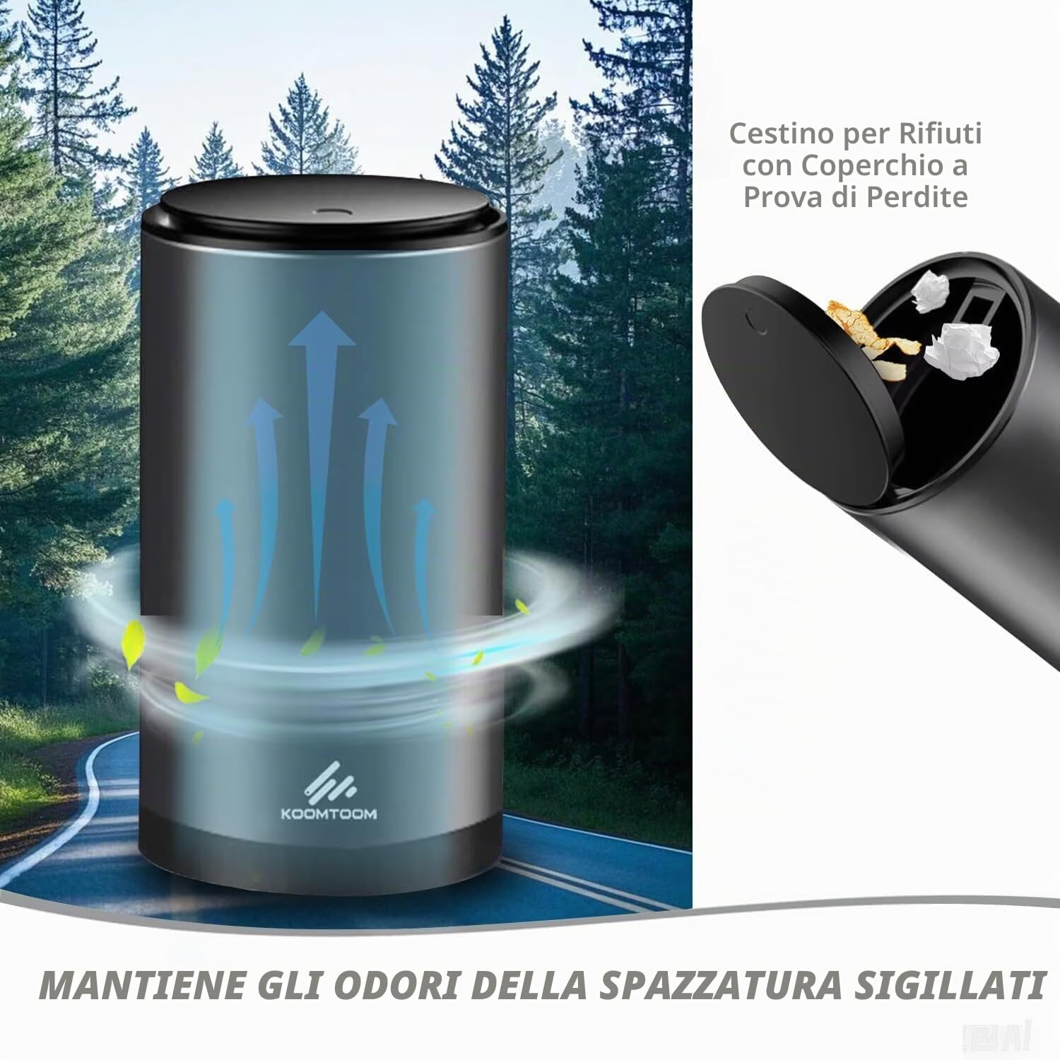 KOOMTOOM Pattumiera Mini Car Portabicchieri in Lega, 300ml Smontabile Pattumiera Spazzatura con Coperchio a Prova di Perdite per Auto Universale (Grigio Scuro)