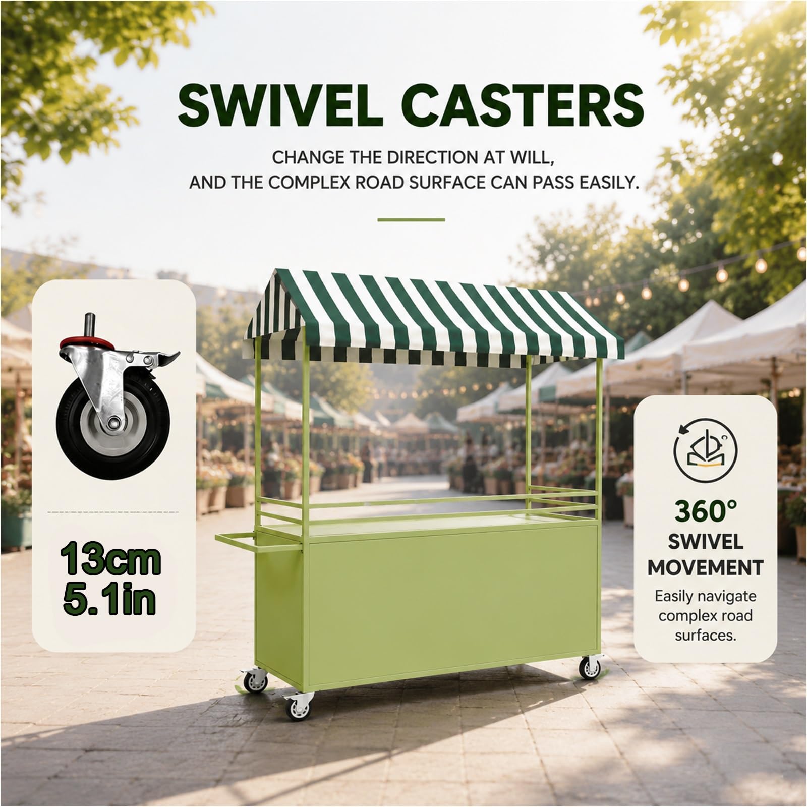 Tragbarer Verkaufswagen mit überdachung, Mobiler Imbisswagen Marktständer Stall, Verkäufer-Dessertstand for Markt, Straßenessen und Veranstaltungen(Blue)