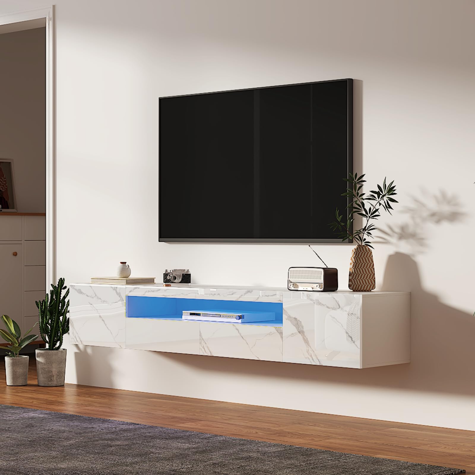 KEEPREAPER TV-Schrank, Lowboard mit LED-Beleuchtung, Fernsehtisch hängend, Fernsehschrank Hochglanz, für Fernseher bis zu 85 Zoll, für Wohnzimmer, 180 x 35 x 30cm (Weiß marmor)