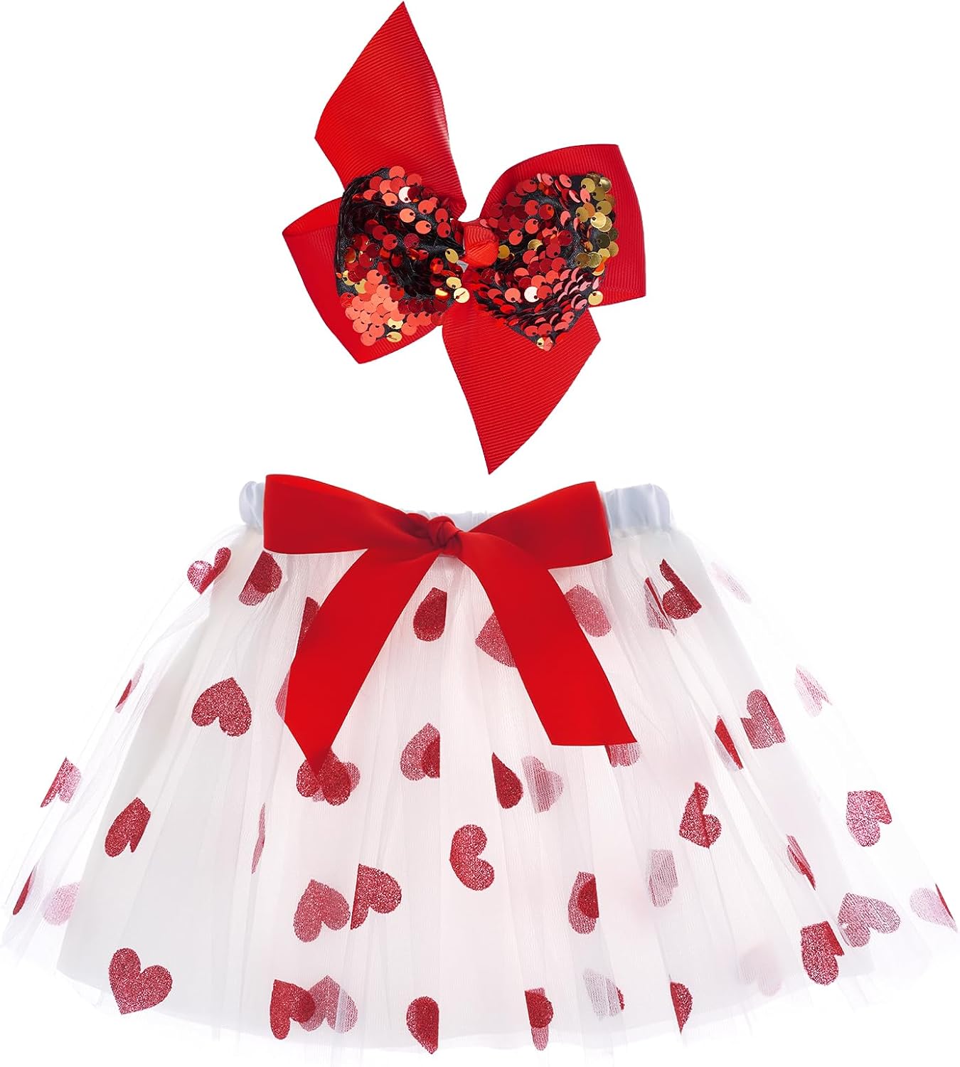 Girls Tulle Tutu Skirt with Sequin Bow Hair Clip Red Heart Layered Tutu Skirt for Valentine’s Day Birthday Holiday Party Pink