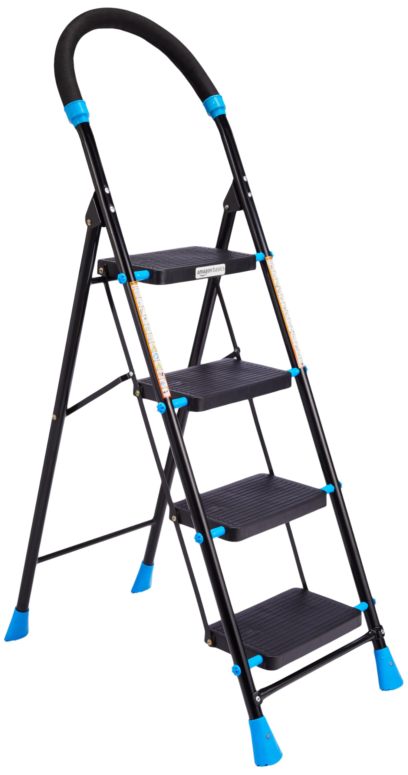 Amazon Basics Curvo-Foldable Step Ladder, Ribbed Steps, Knee Guard, Non-Marring PVC Shoes, 4 Steps (Black & Blue)
