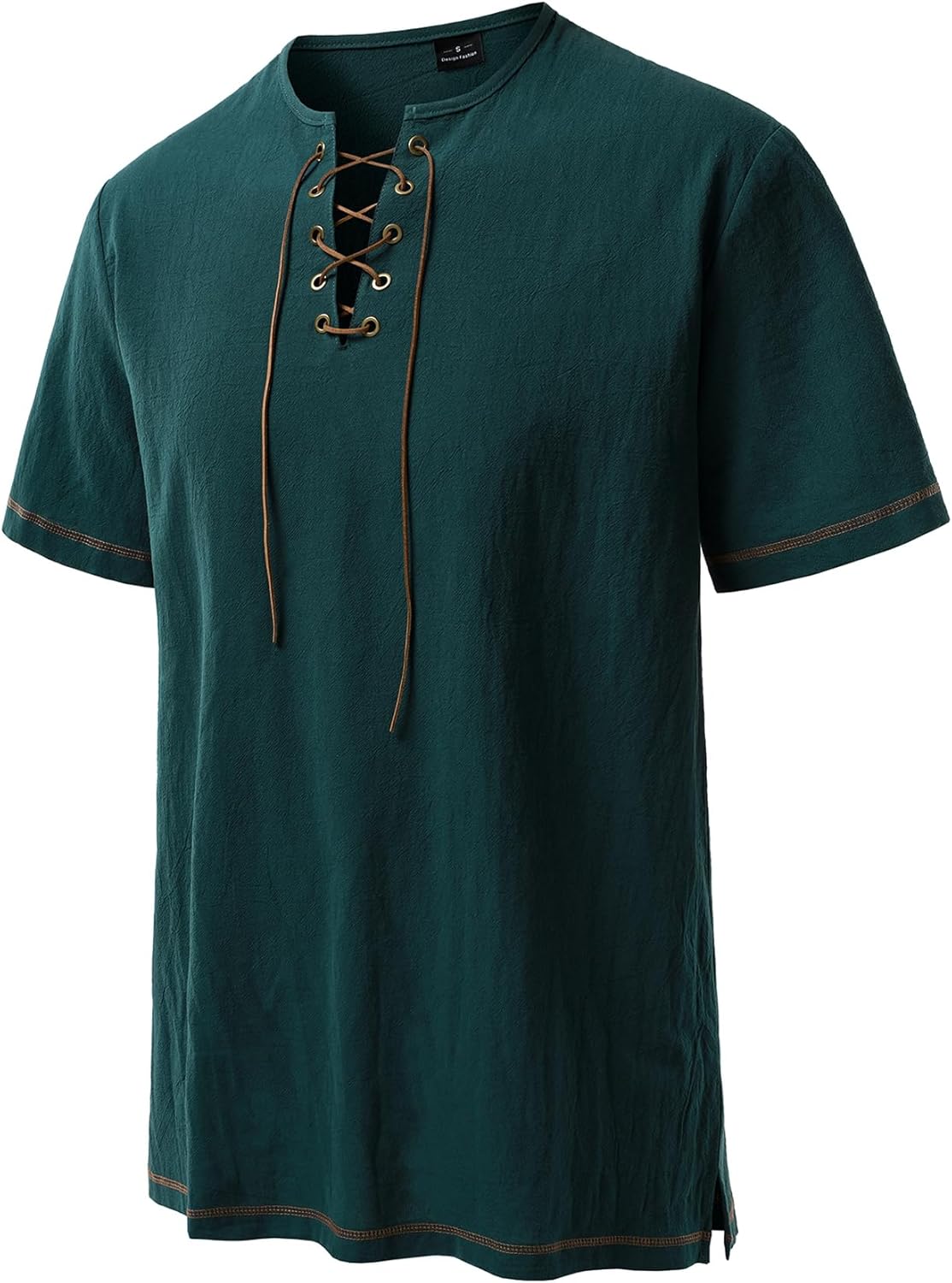 JEMITOP Men's Pure Cotton Retro Short Sleeves Lace Up Shirts for Casual Renaissance Pirate Medieval Viking Without Belt - Image 3