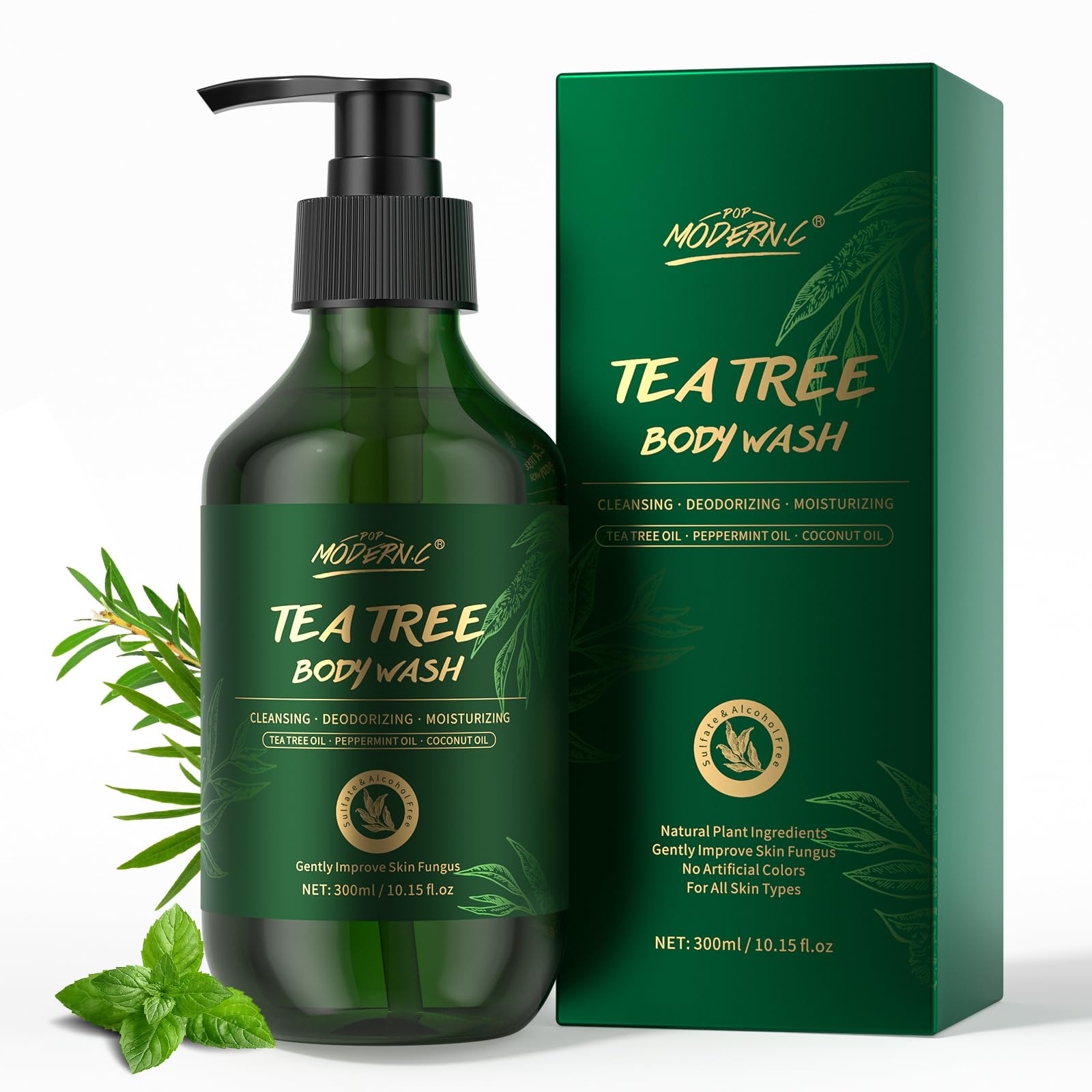 Tea Tree Body Wash, Tea Tree Shower Gel with Peppermint Oil and Coconut Oil, Improve Skin Fungus, Skin Itchy, Jock Itch, Athletes Foot, Eczema & Body Odor, Shower Gel with Pump for Men Women, 300ml